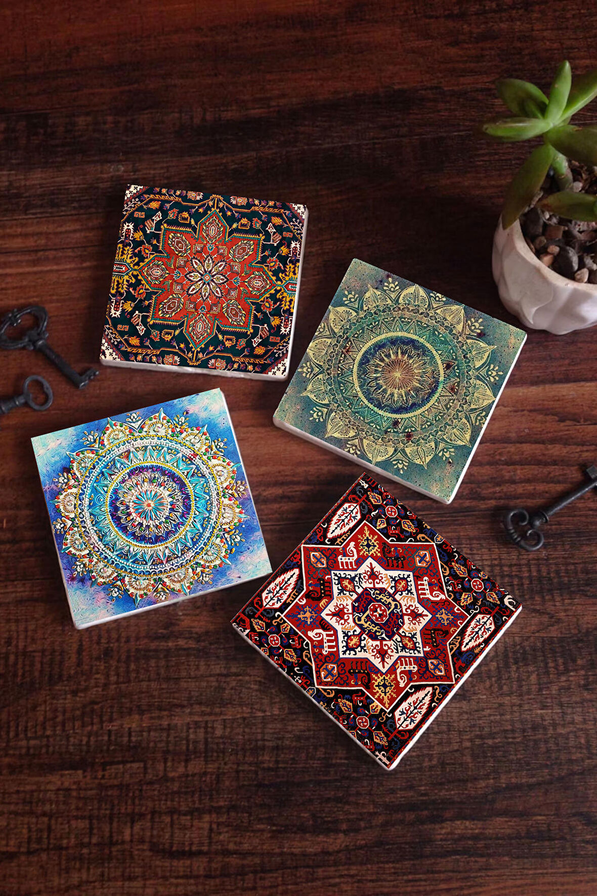 Mandala, Desen Taş Bardak Altlığı Masaüstü Koruyucu Altlık 4 Parça Set 10x10cm Stone Coasters