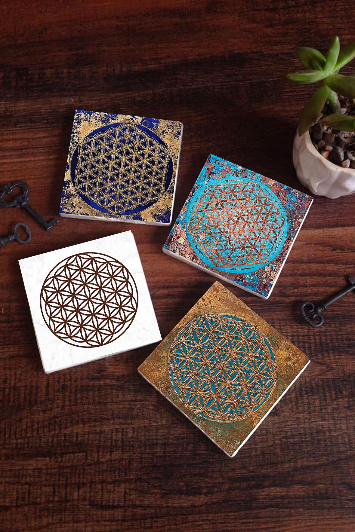 Yaşam Çiçeği Taş Bardak Altlığı Masaüstü Koruyucu Altlık 4 Parça Set 10x10cm Stone Coasters