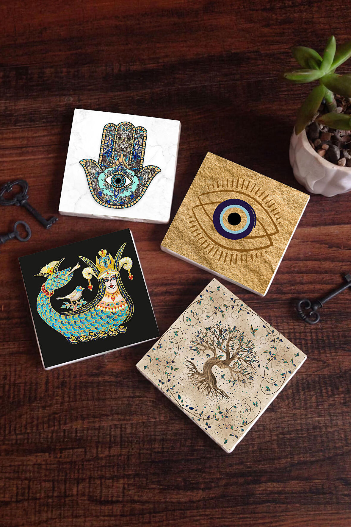 Nazar, Şahmeran, Hayat Ağacı, Fatma Ana Eli (Hamsa) Taş Bardak Altlığı Masaüstü Koruyucu Altlık 4 Parça Set 10x10cm Stone Coasters