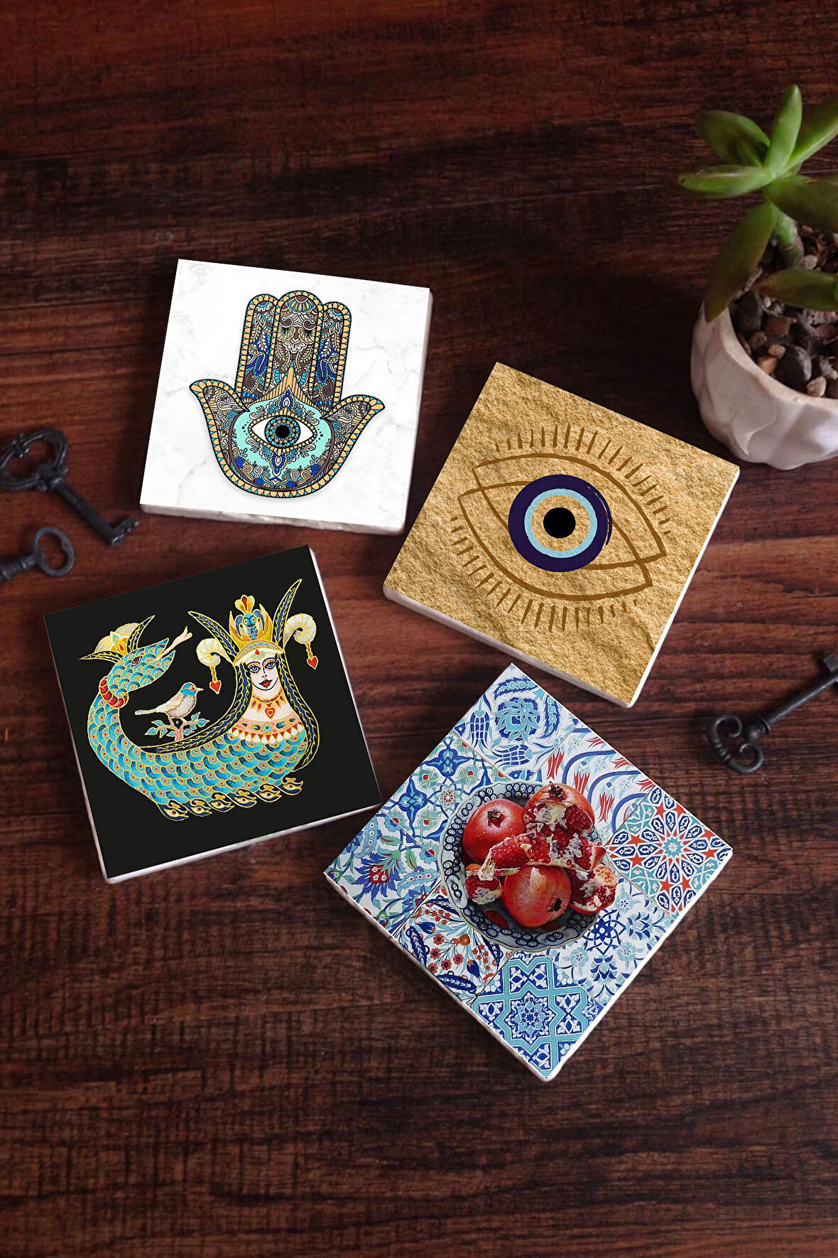 Nazar, Şahmeran, Nar, Fatma Ana Eli (Hamsa) Taş Bardak Altlığı Masaüstü Koruyucu Altlık 4 Parça Set 10x10cm Stone Coasters