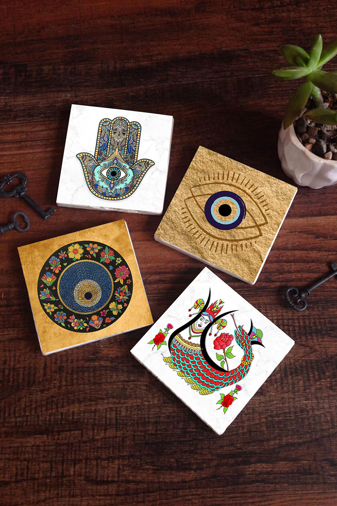 Nazar, Şahmeran, Fatma Ana Eli (Hamsa) Taş Bardak Altlığı Masaüstü Koruyucu Altlık 4 Parça Set 10x10cm Stone Coasters