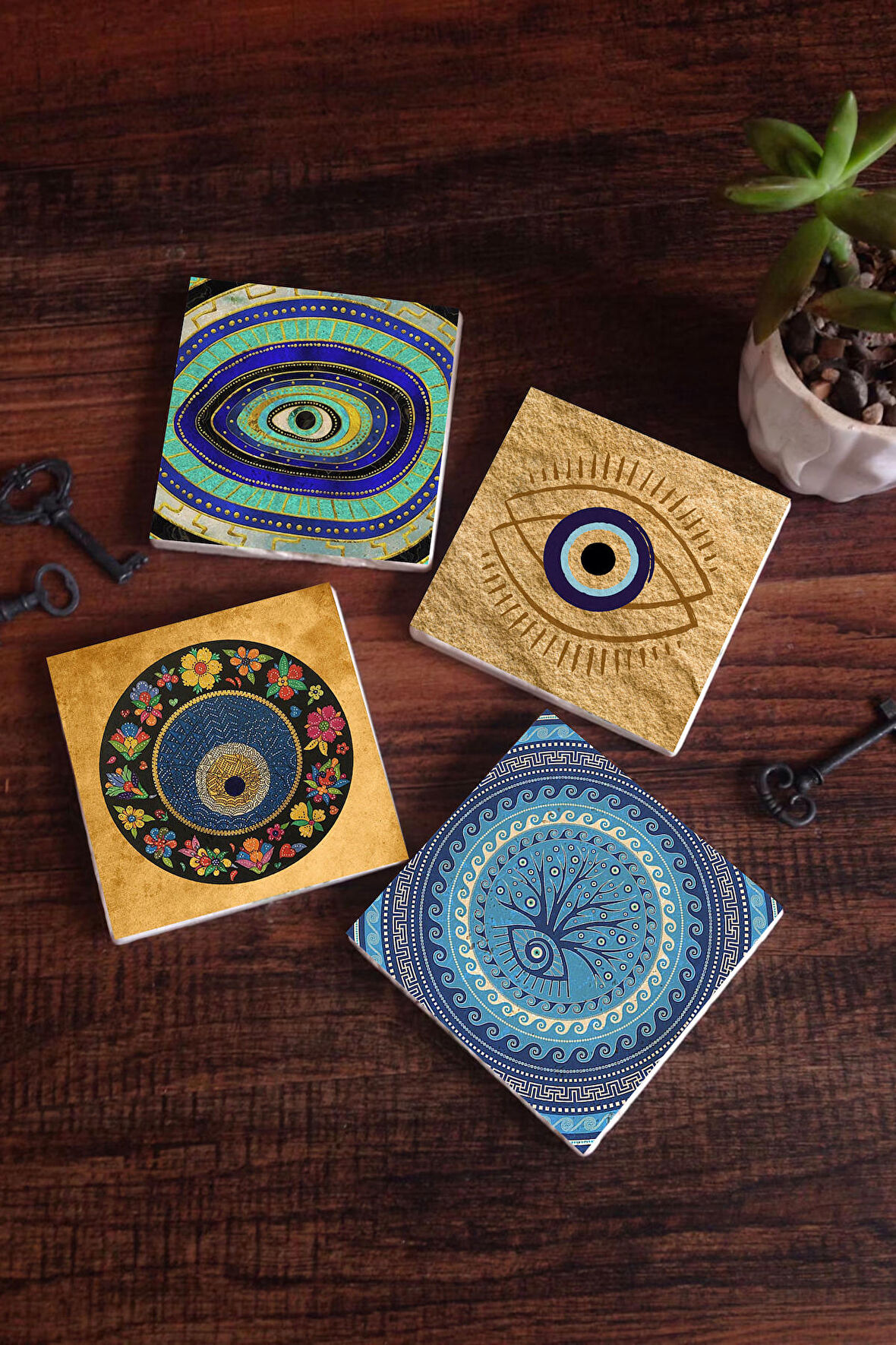 Nazar Taş Bardak Altlığı Masaüstü Koruyucu Altlık 4 Parça Set 10x10cm Stone Coasters