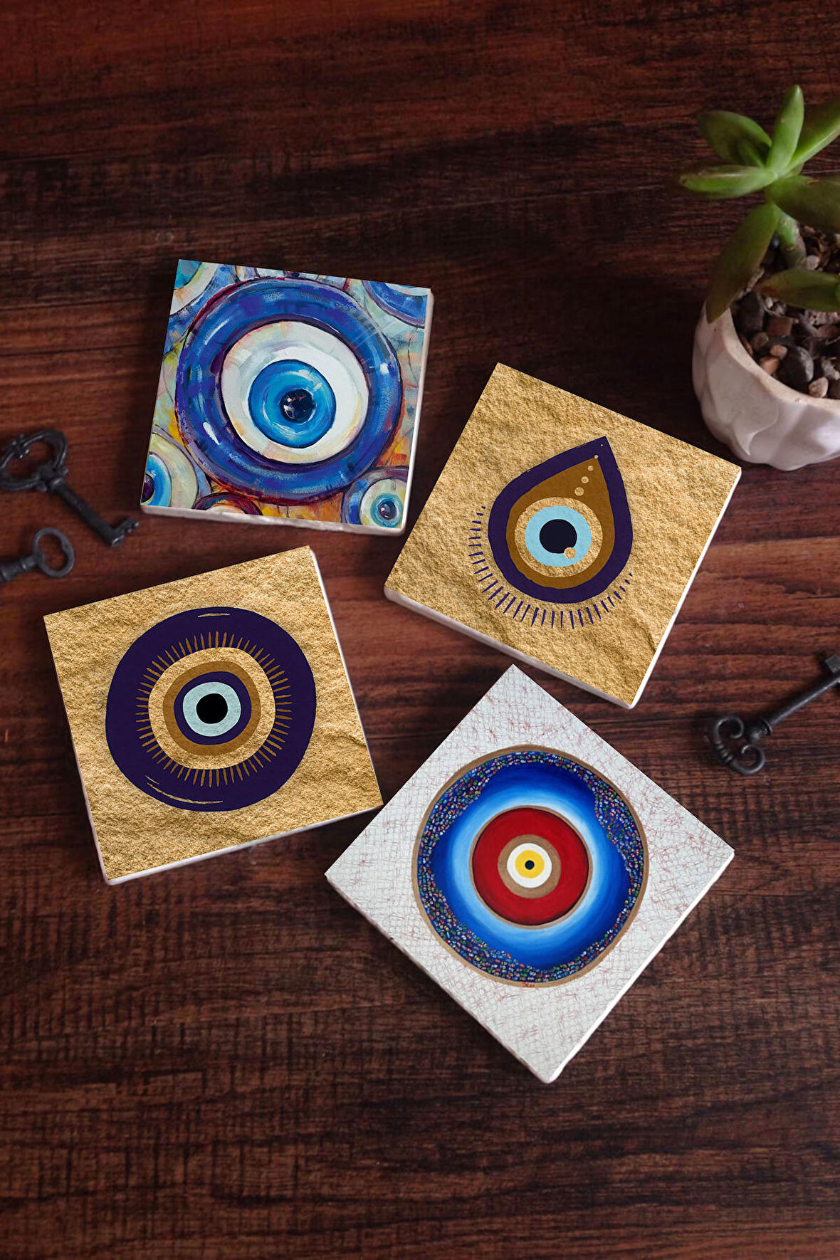 Nazar Taş Bardak Altlığı Masaüstü Koruyucu Altlık 4 Parça Set 10x10cm Stone Coasters