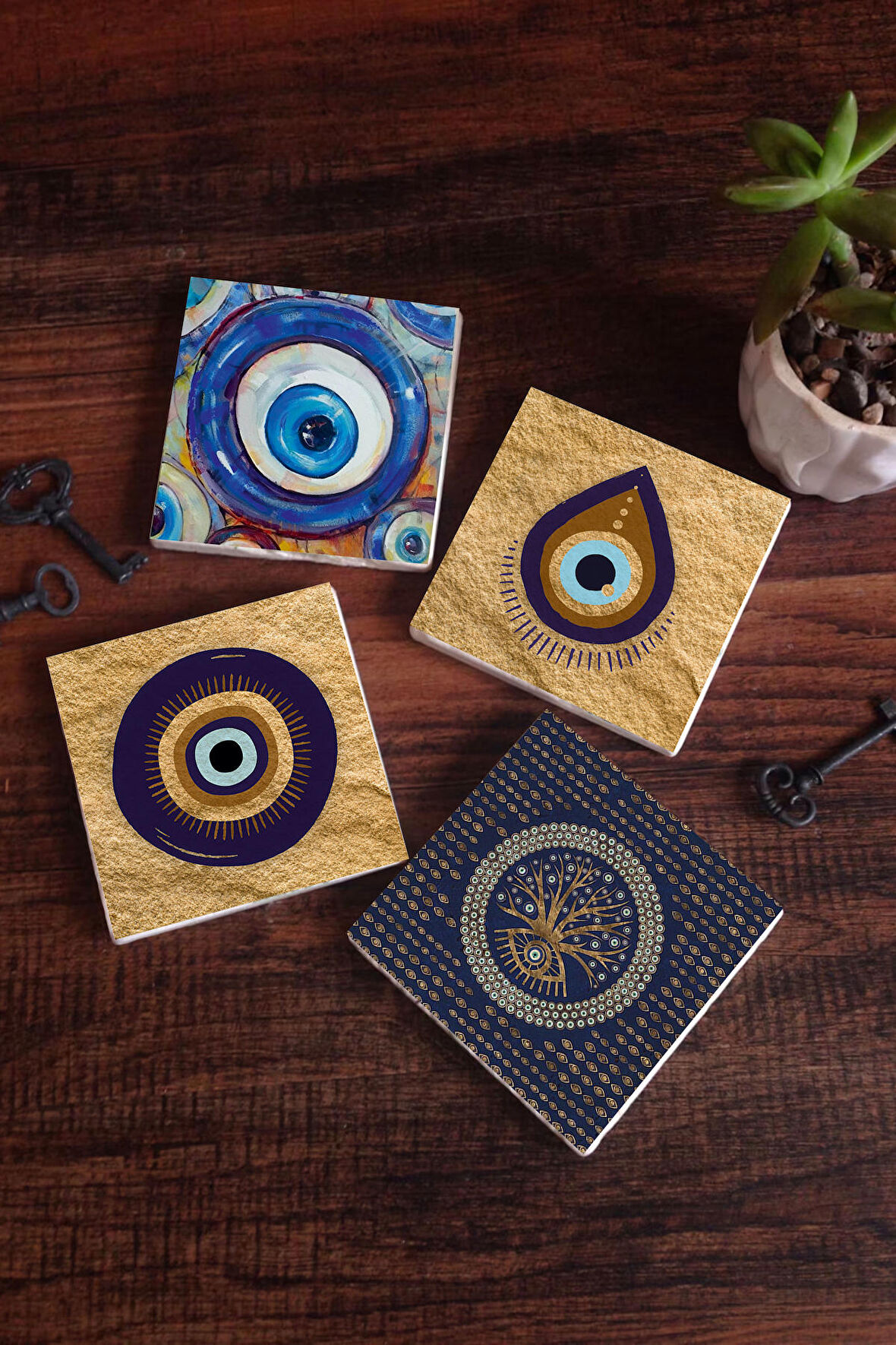 Nazar Taş Bardak Altlığı Masaüstü Koruyucu Altlık 4 Parça Set 10x10cm Stone Coasters