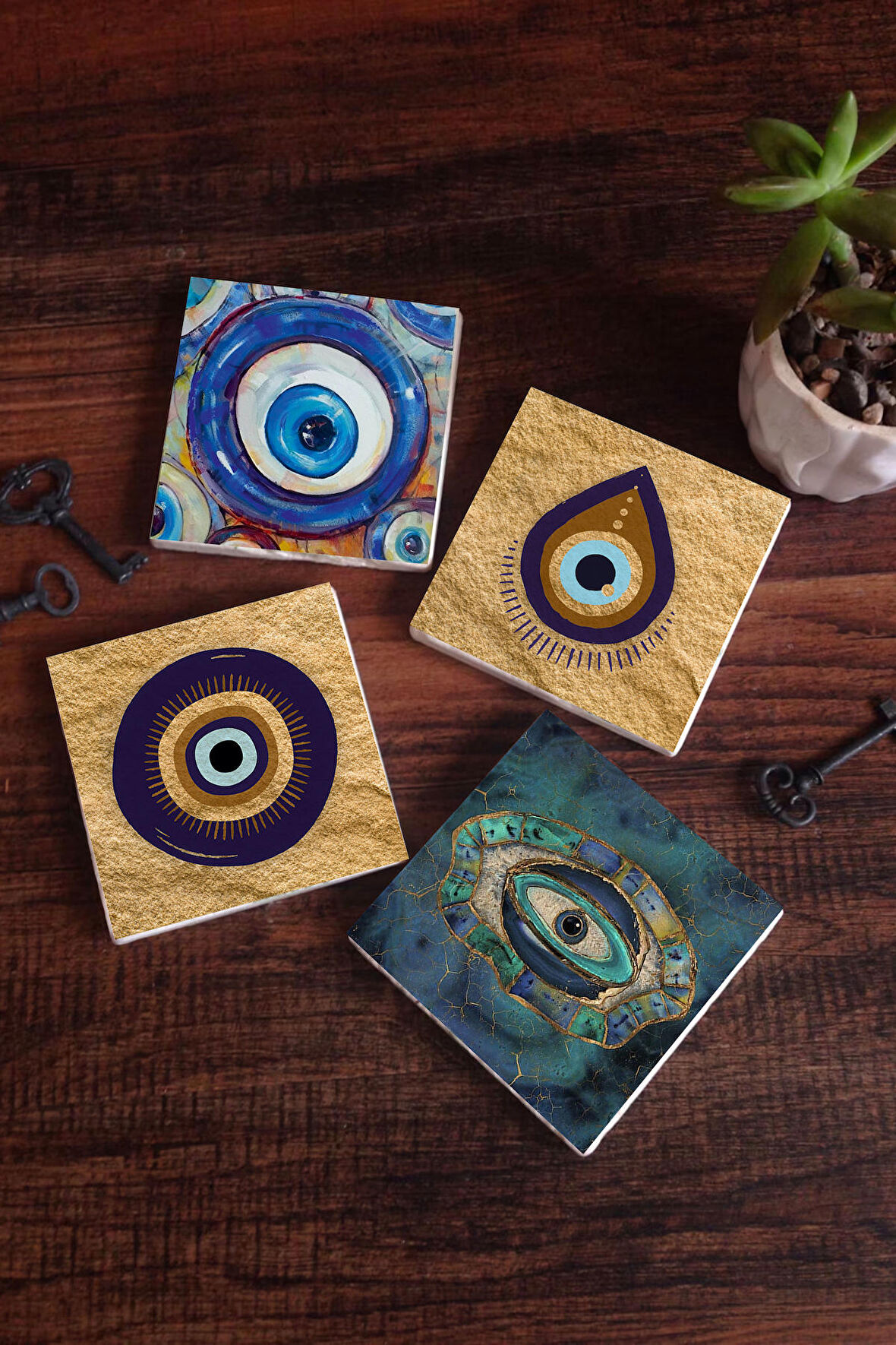 Nazar Taş Bardak Altlığı Masaüstü Koruyucu Altlık 4 Parça Set 10x10cm Stone Coasters