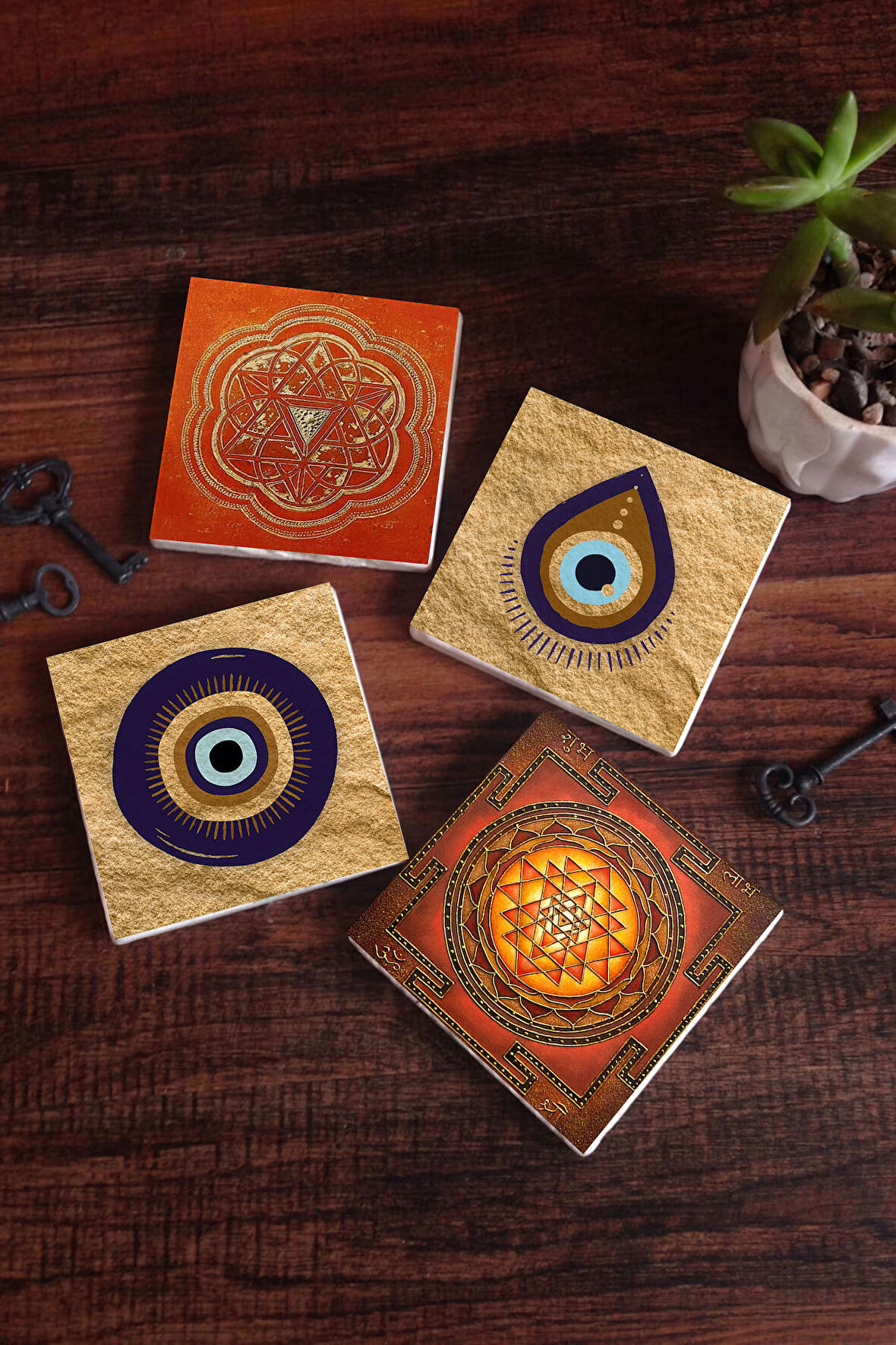 Nazar, Sri Yantra Taş Bardak Altlığı Masaüstü Koruyucu Altlık 4 Parça Set 10x10cm Stone Coasters