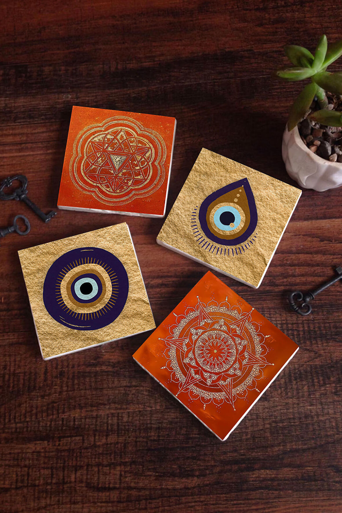 Nazar, Sri Yantra, Mandala Taş Bardak Altlığı Masaüstü Koruyucu Altlık 4 Parça Set 10x10cm Stone Coasters
