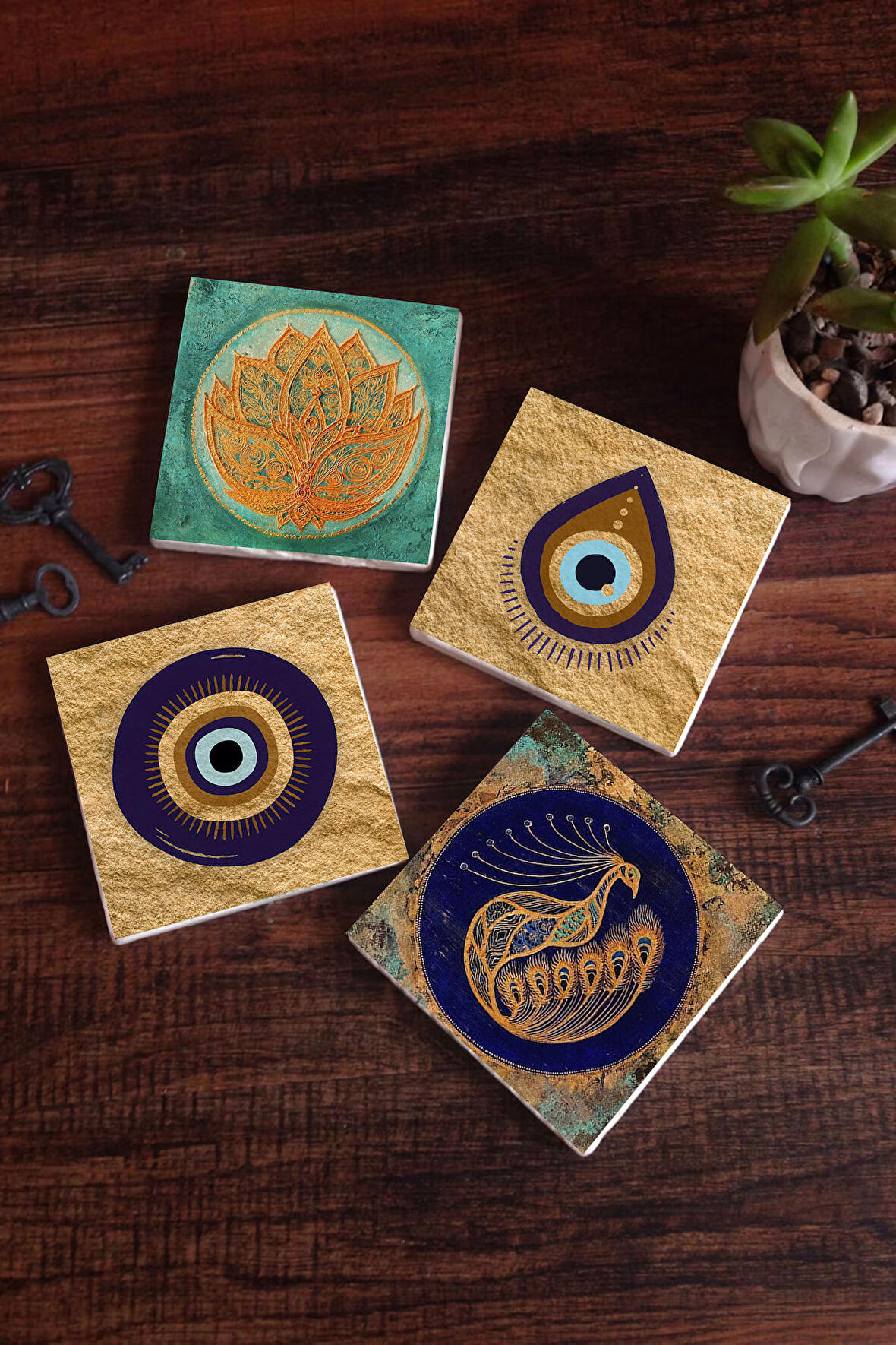 Nazar, Lotus Çiçeği, Tavus Kuşu Taş Bardak Altlığı Masaüstü Koruyucu Altlık 4 Parça Set 10x10cm Stone Coasters
