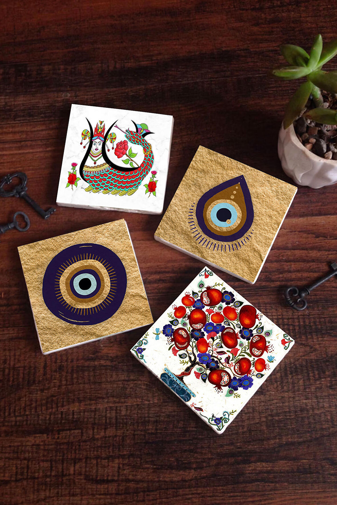 Nazar, Şahmeran, Nar Ağacı Taş Bardak Altlığı Masaüstü Koruyucu Altlık 4 Parça Set 10x10cm Stone Coasters