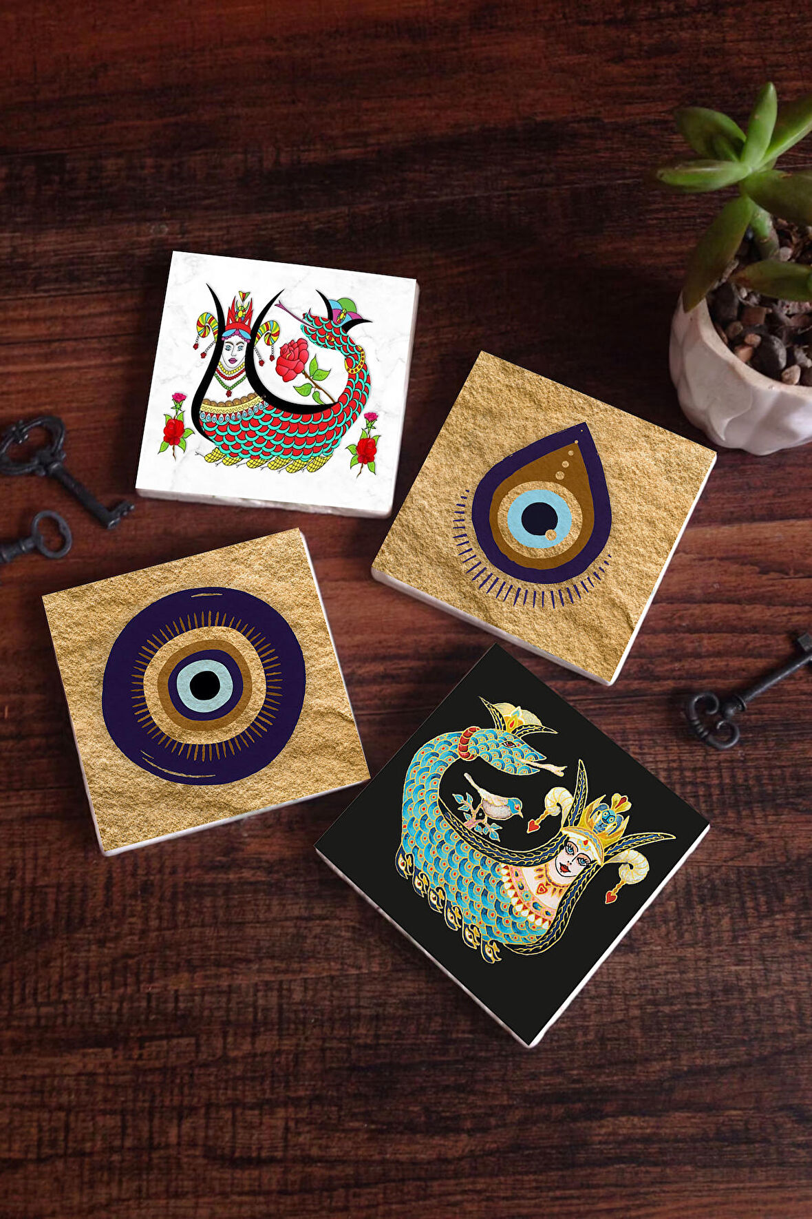 Nazar, Şahmeran Taş Bardak Altlığı Masaüstü Koruyucu Altlık 4 Parça Set 10x10cm Stone Coasters