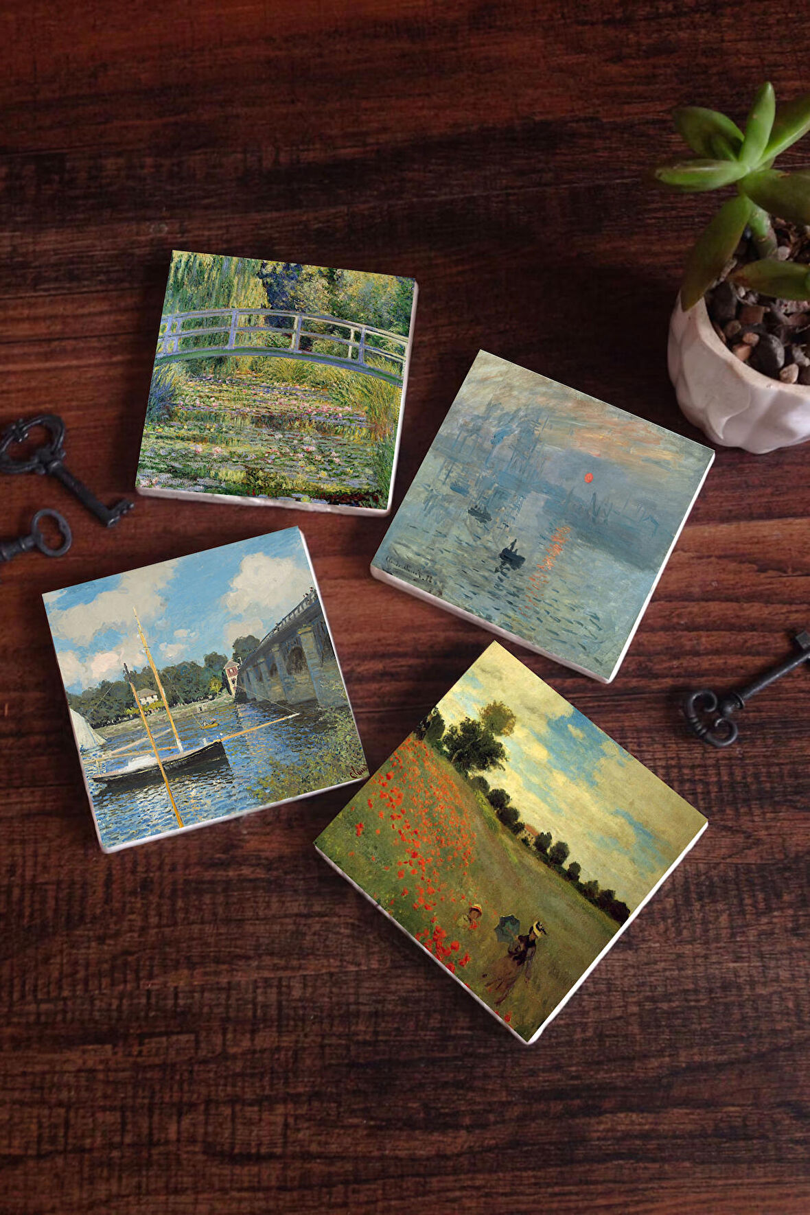 Claude Monet Argenteuil'de Köprü, Gelincikler, İzlenim Gün Doğumu, Nilüfer Gölü Taş Bardak Altlığı Masaüstü Koruyucu Altlık 4 Parça Set 10x10cm Stone Coasters
