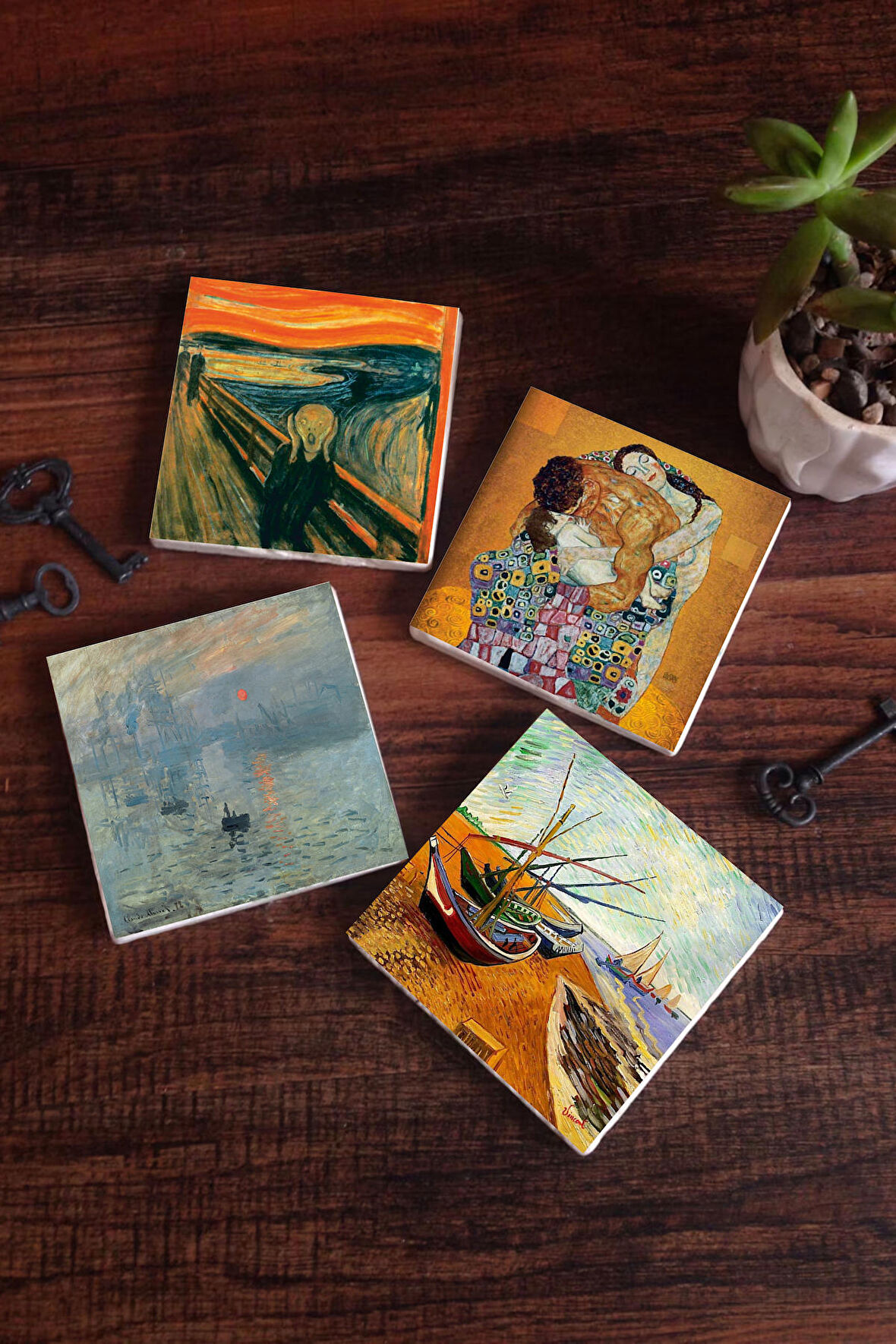 Van Gogh Balıkçı Tekneleri, Monet Gün Doğumu, Çığlık, Klimt Aile Kucaklama Taş Bardak Altlığı Masaüstü Koruyucu Altlık 4 Parça Set 10x10cm Stone Coasters