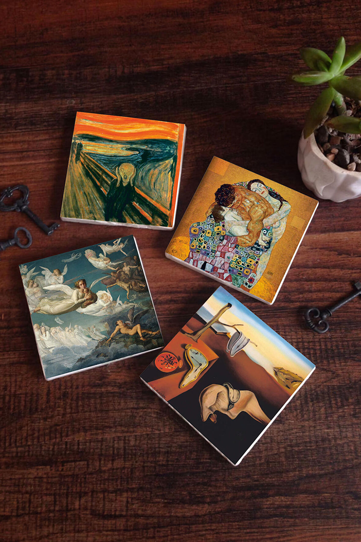 Dalí Belleğin Azmi, Çığlık, Gustav Klimt Aile Kucaklama, Ruhların Geçişi Taş Bardak Altlığı Masaüstü Koruyucu Altlık 4 Parça Set 10x10cm Stone Coasters