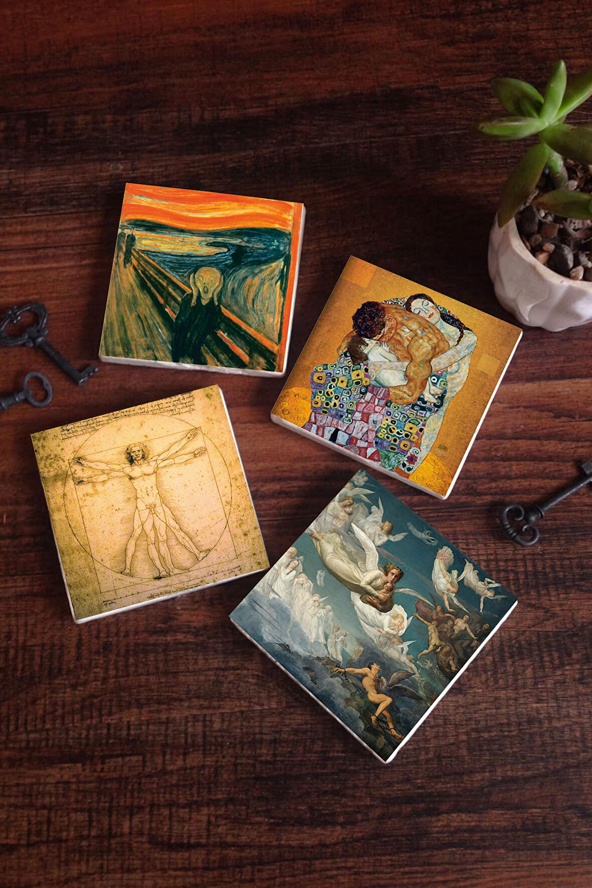 Çığlık, Klimt Aile Kucaklama, Ruhların Geçişi, Da Vinci Vitruvius Adamı Taş Bardak Altlığı Masaüstü Koruyucu Altlık 4 Parça Set 10x10cm Stone Coasters