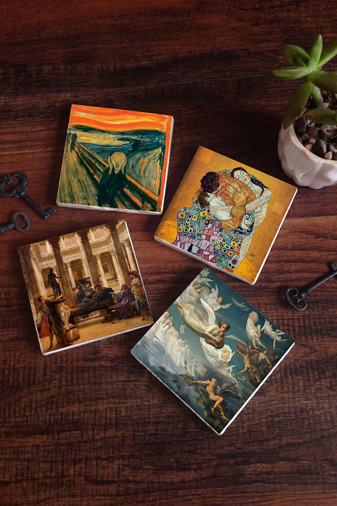 Çığlık, Gustav Klimt Aile Kucaklama, Bir Roma Sanat Aşığı, Ruhların Geçişi Taş Bardak Altlığı Masaüstü Koruyucu Altlık 4 Parça Set 10x10cm Stone Coasters