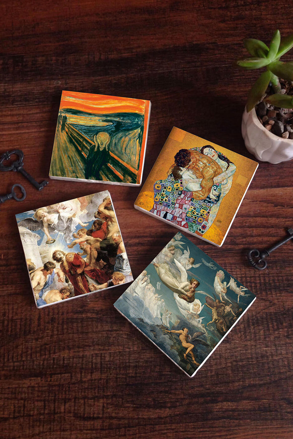 Çığlık, Klimt Aile Kucaklama, Ruhların Geçişi, Aziz Stephen Üçlemesi Taş Bardak Altlığı Masaüstü Koruyucu Altlık 4 Parça Set 10x10cm Stone Coasters
