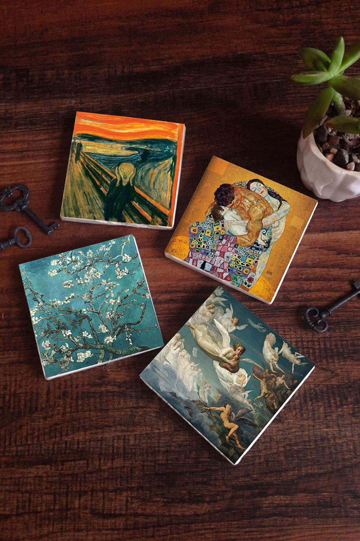 Çığlık, Van Gogh Badem Ağacı, Gustav Klimt Aile Kucaklama, Ruhların Geçişi Taş Bardak Altlığı Masaüstü Koruyucu Altlık 4 Parça Set 10x10cm Stone Coasters