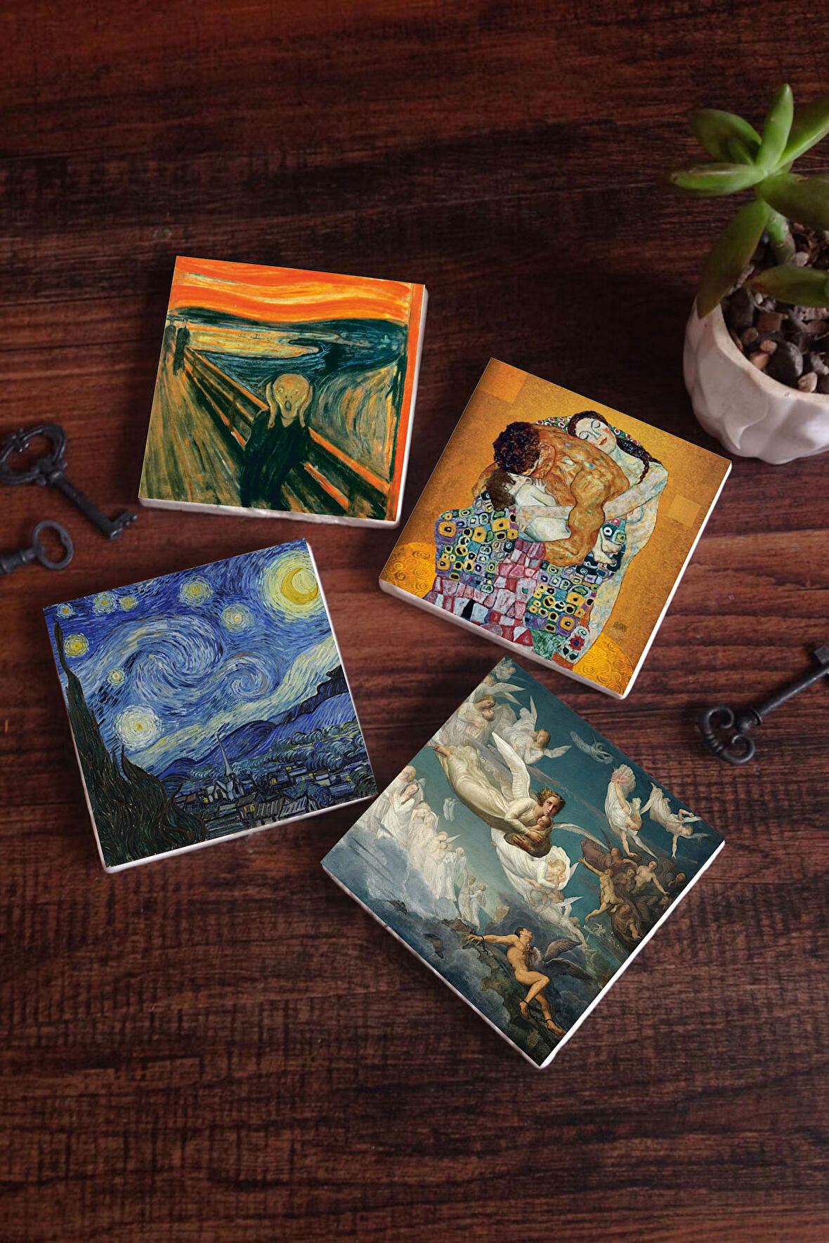 Çığlık, Van Gogh Yıldızlı Gece, Klimt Aile Kucaklama, Ruhların Geçişi Taş Bardak Altlığı Masaüstü Koruyucu Altlık 4 Parça Set 10x10cm Stone Coasters