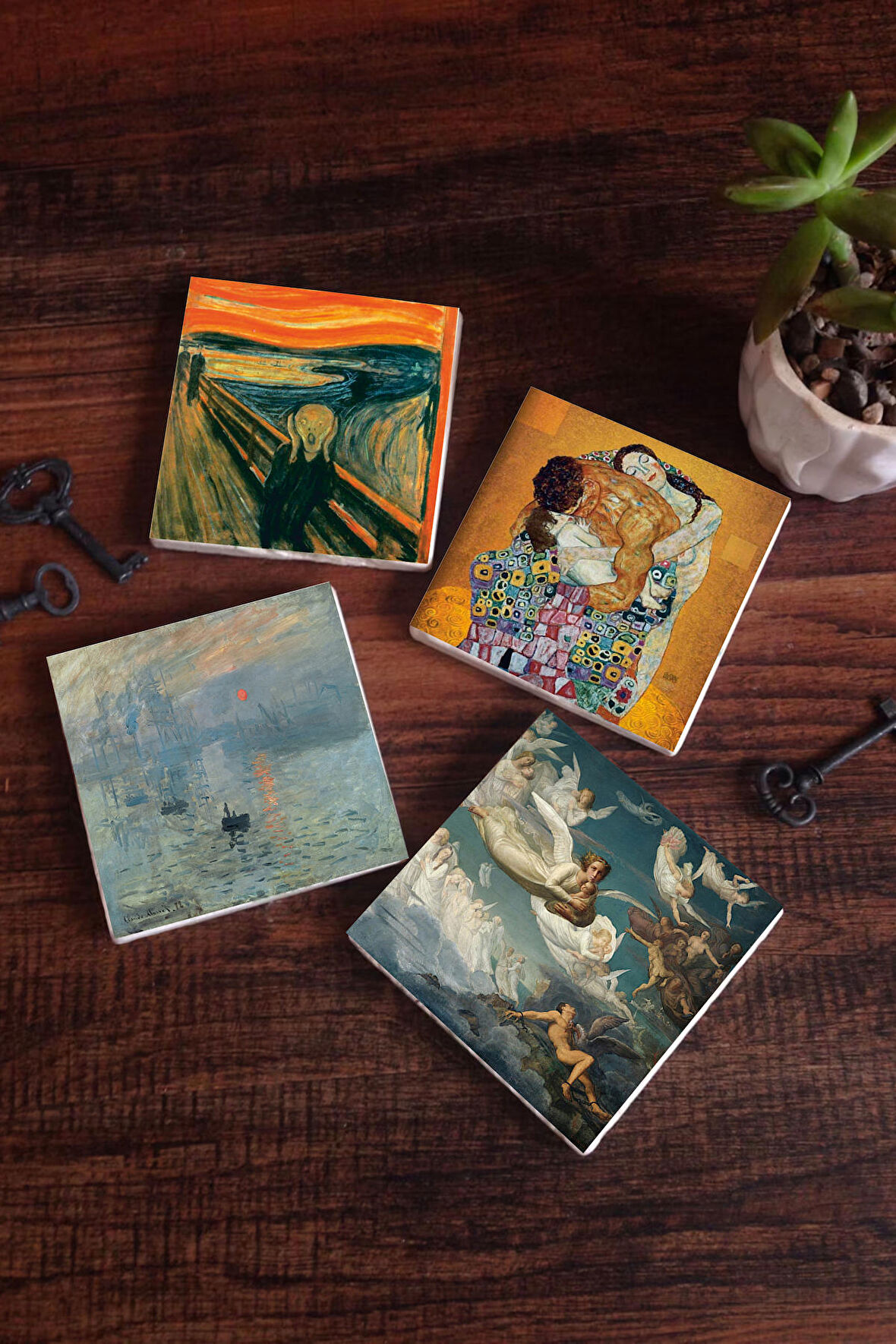 Monet Gün Doğumu, Çığlık, Klimt Aile Kucaklama, Ruhların Geçişi Taş Bardak Altlığı Masaüstü Koruyucu Altlık 4 Parça Set 10x10cm Stone Coasters