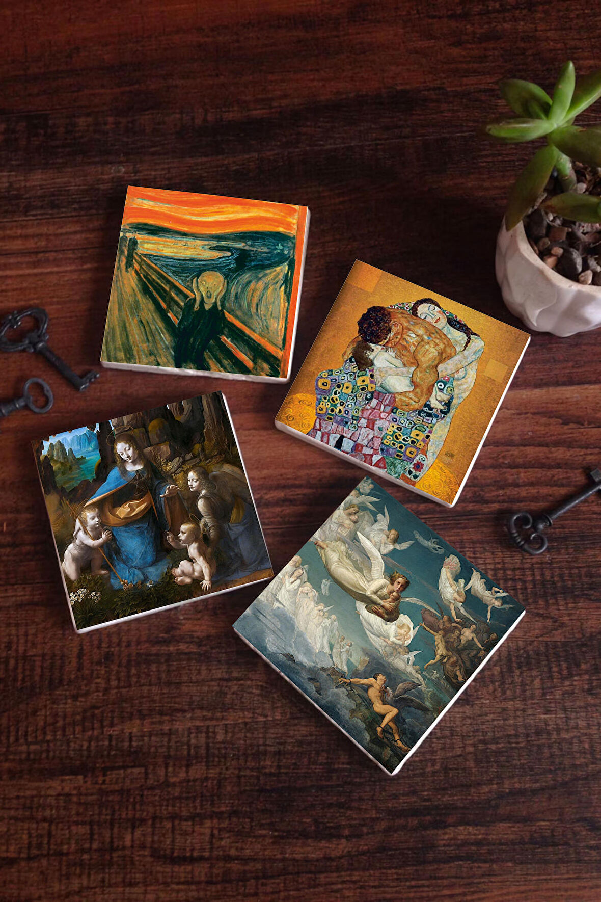 Da Vinci Kayalıklar Bakiresi, Çığlık, Klimt Aile Kucaklama, Ruhların Geçişi Taş Bardak Altlığı Masaüstü Koruyucu Altlık 4 Parça Set 10x10cm Stone Coasters