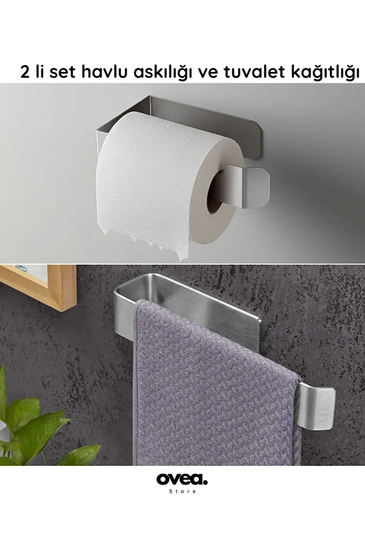 2 Li Set / Paslanmaz Çelik Havluluk ve Tuvalet Kağıtlığı / Yapışkanlı Tasarım / 26 cm-18 cm