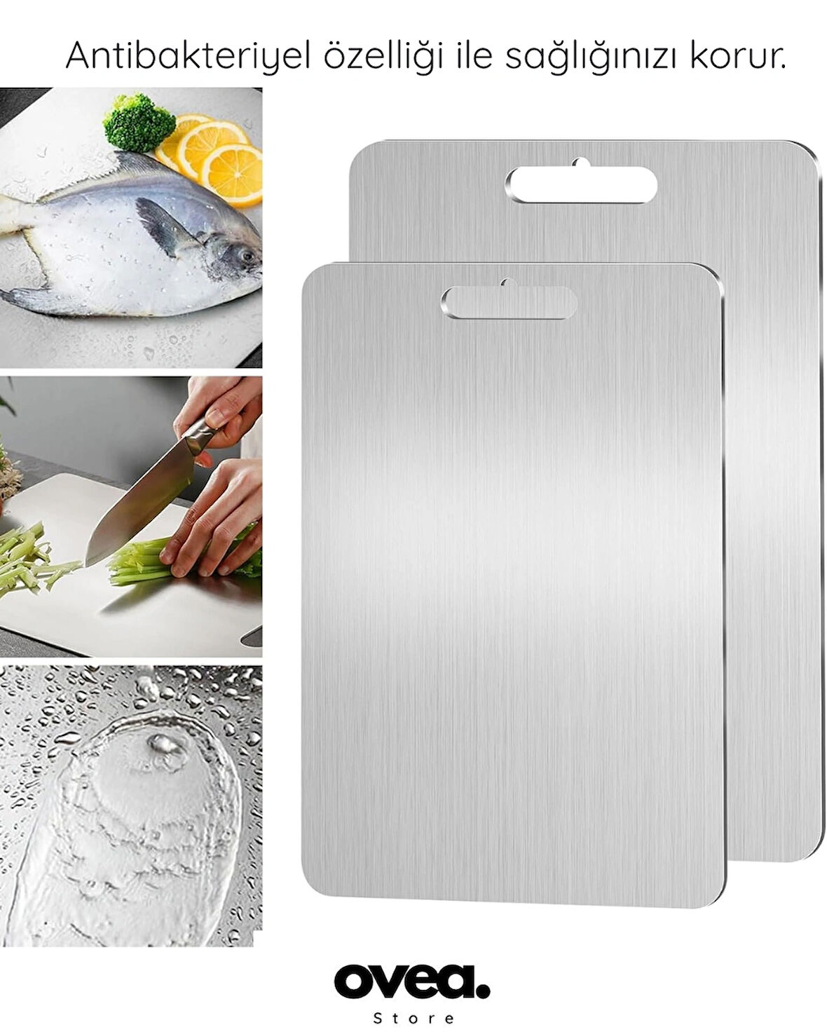 2 Li Set/Paslanmaz Çelik Kesme Tahtası/24x36 Cm/20x30 Cm/Kaydırmaz Silikon Tabanlı/Yıkanabilir