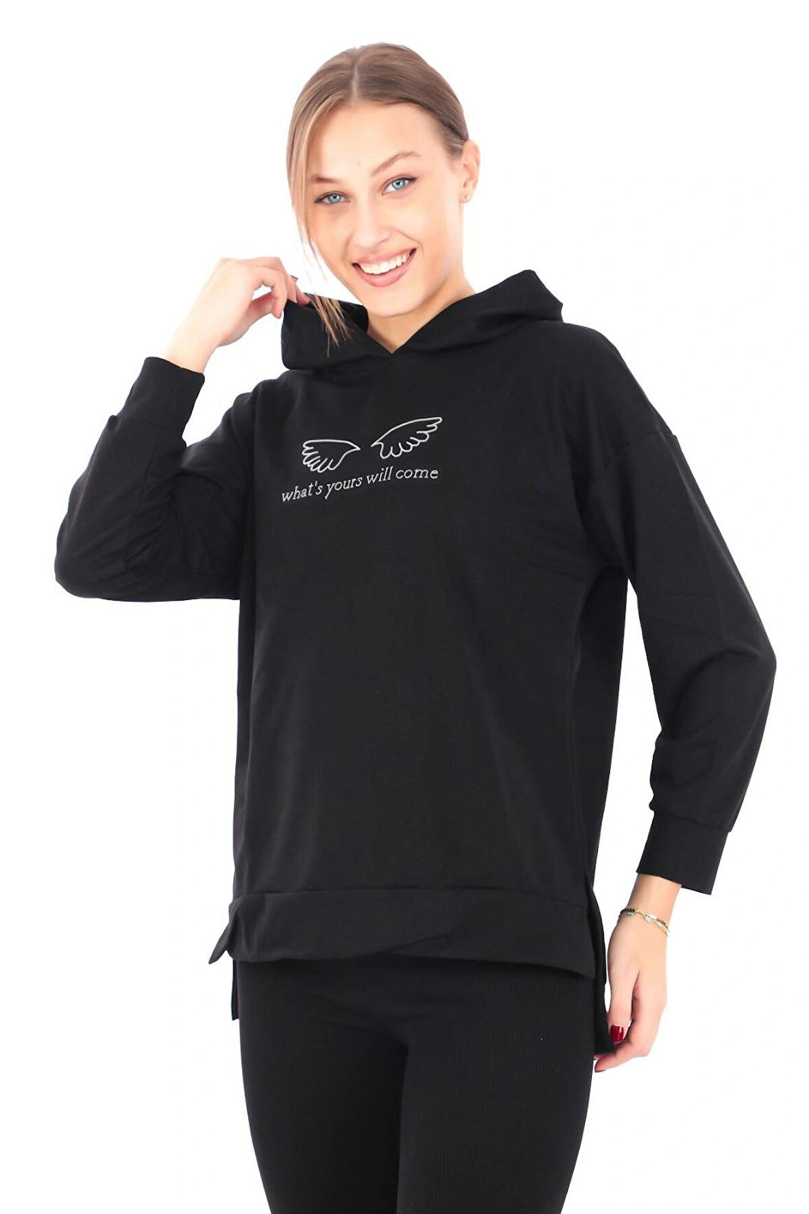 Pachie Kapüşonlu Önü Kanat Detaylı Siyah Sweatshirt (PCST052)