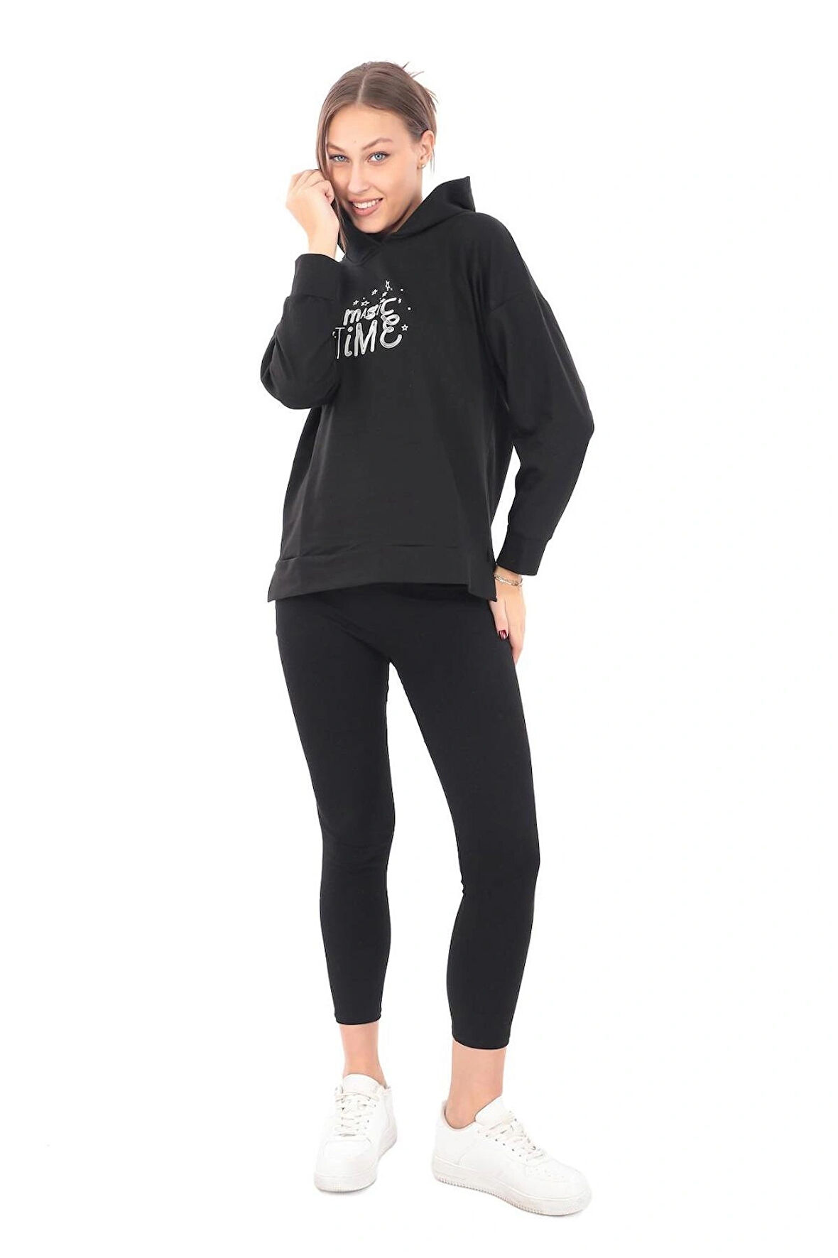 Pachie Kapüşonlu Önü Yazı Baskılı Siyah Renk Sweatshirt (PCST055)