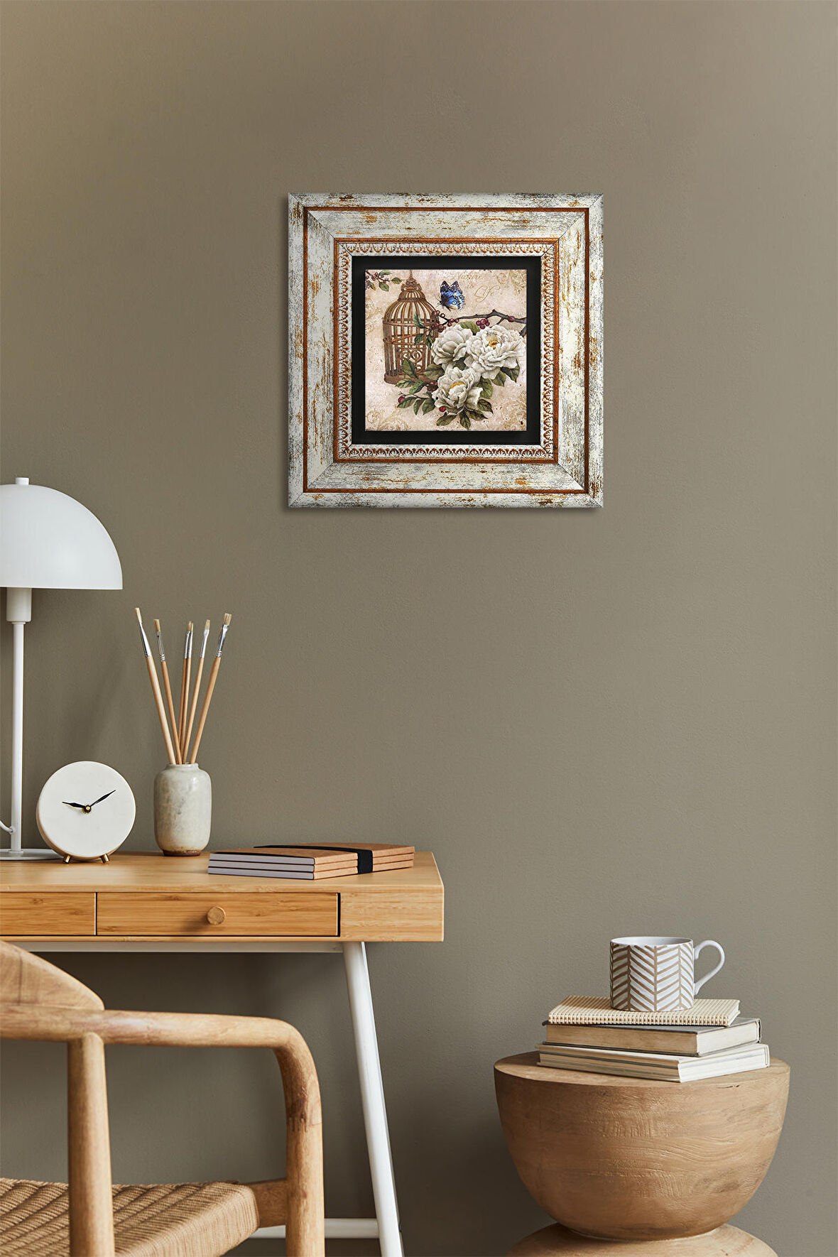 Kelebekli Çiçek Taş Duvar Tablosu Çerçeveli Duvar Dekoru Wall Art