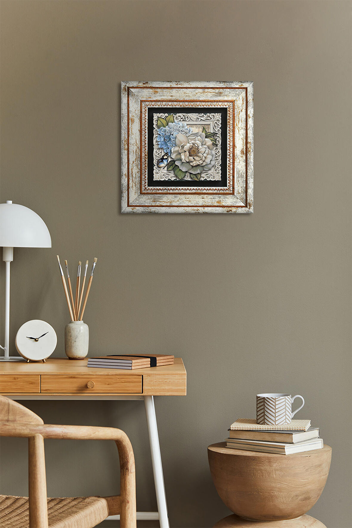 Kelebekli Çiçek Taş Duvar Tablosu Çerçeveli Duvar Dekoru Wall Art