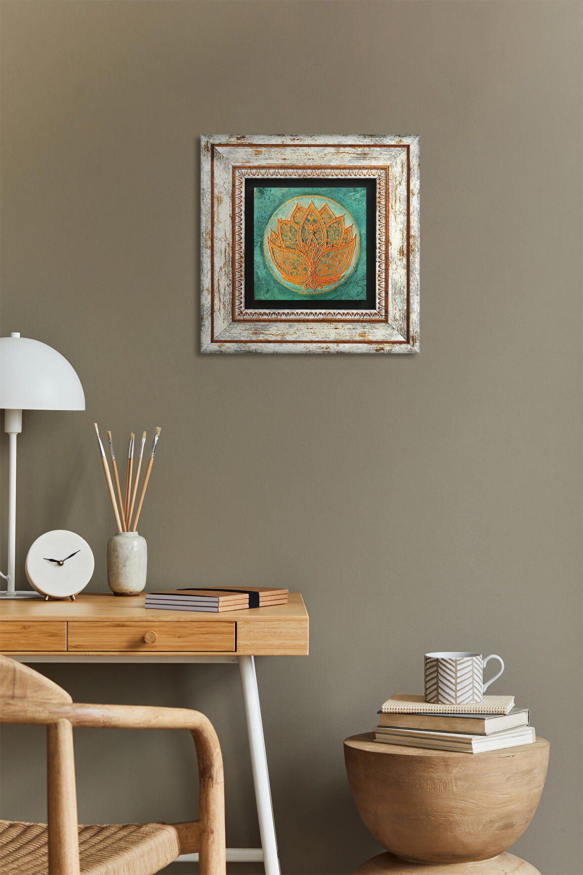 Lotus Çiçeği Taş Duvar Tablosu Çerçeveli Duvar Dekoru Wall Art