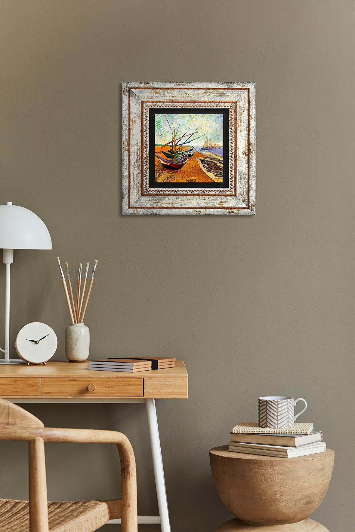 Vincent van Gogh Balıkçı Tekneleri Taş Duvar Tablosu Çerçeveli Duvar Dekoru Wall Art