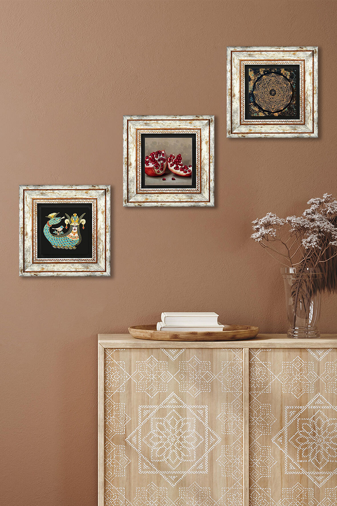 Sri Yantra, Şahmeran, Nar Taş Duvar Tablosu Çerçeveli Duvar Dekoru 3 Parça Tablo Seti Wall Art