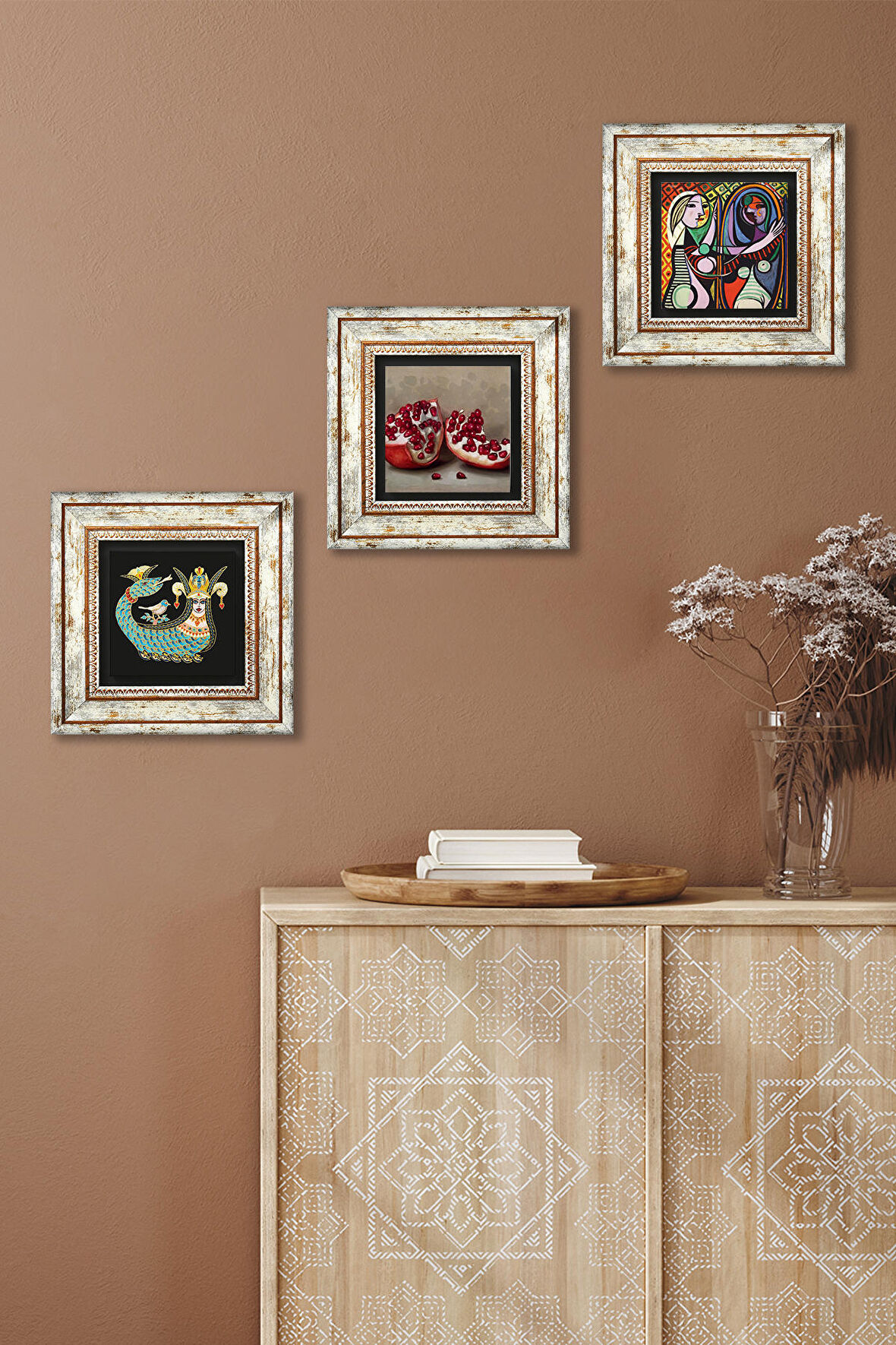 Picasso Ayna Karşısındaki Kız, Şahmeran, Nar Taş Duvar Tablosu Çerçeveli Duvar Dekoru 3 Parça Tablo Seti Wall Art