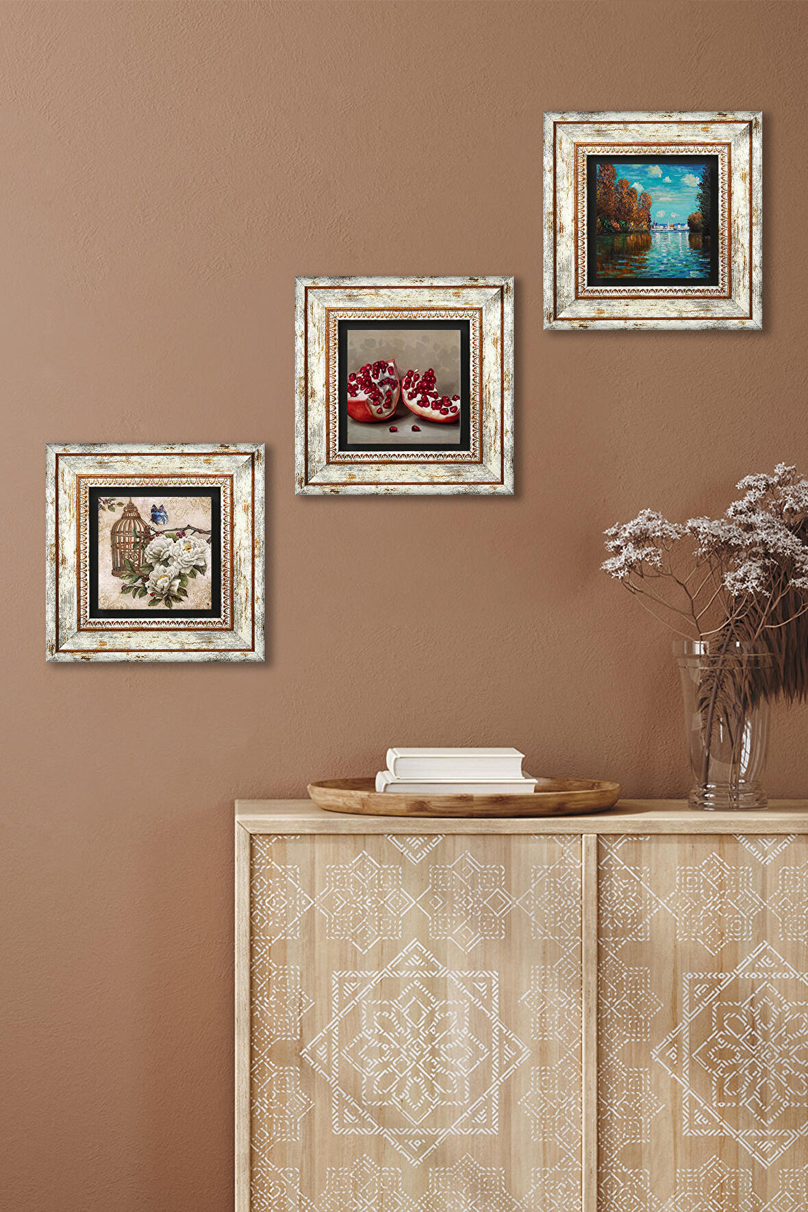 Claude Monet Sonbahar, Kelebekli Çiçek, Nar Taş Duvar Tablosu Çerçeveli Duvar Dekoru 3 Parça Tablo Seti Wall Art