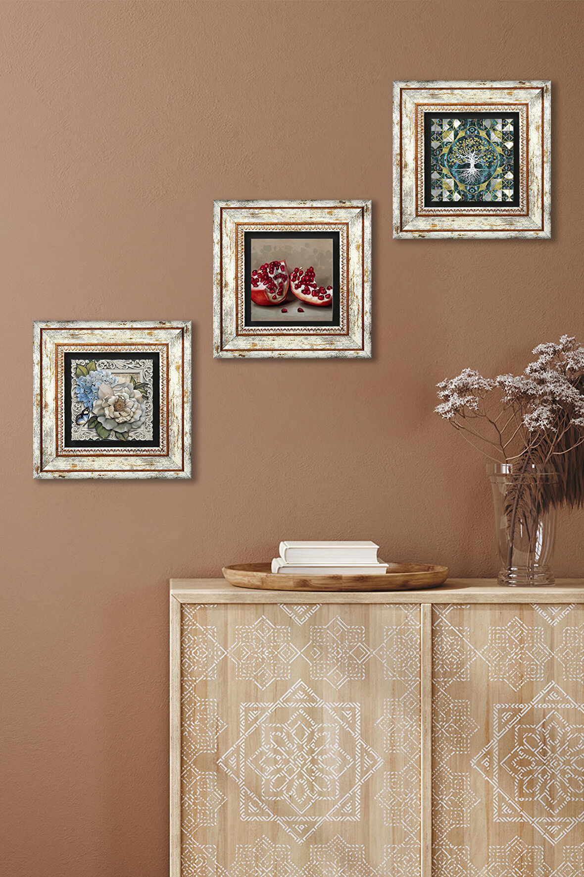 Hayat Ağacı, Kelebekli Çiçek, Nar Taş Duvar Tablosu Çerçeveli Duvar Dekoru 3 Parça Tablo Seti Wall Art