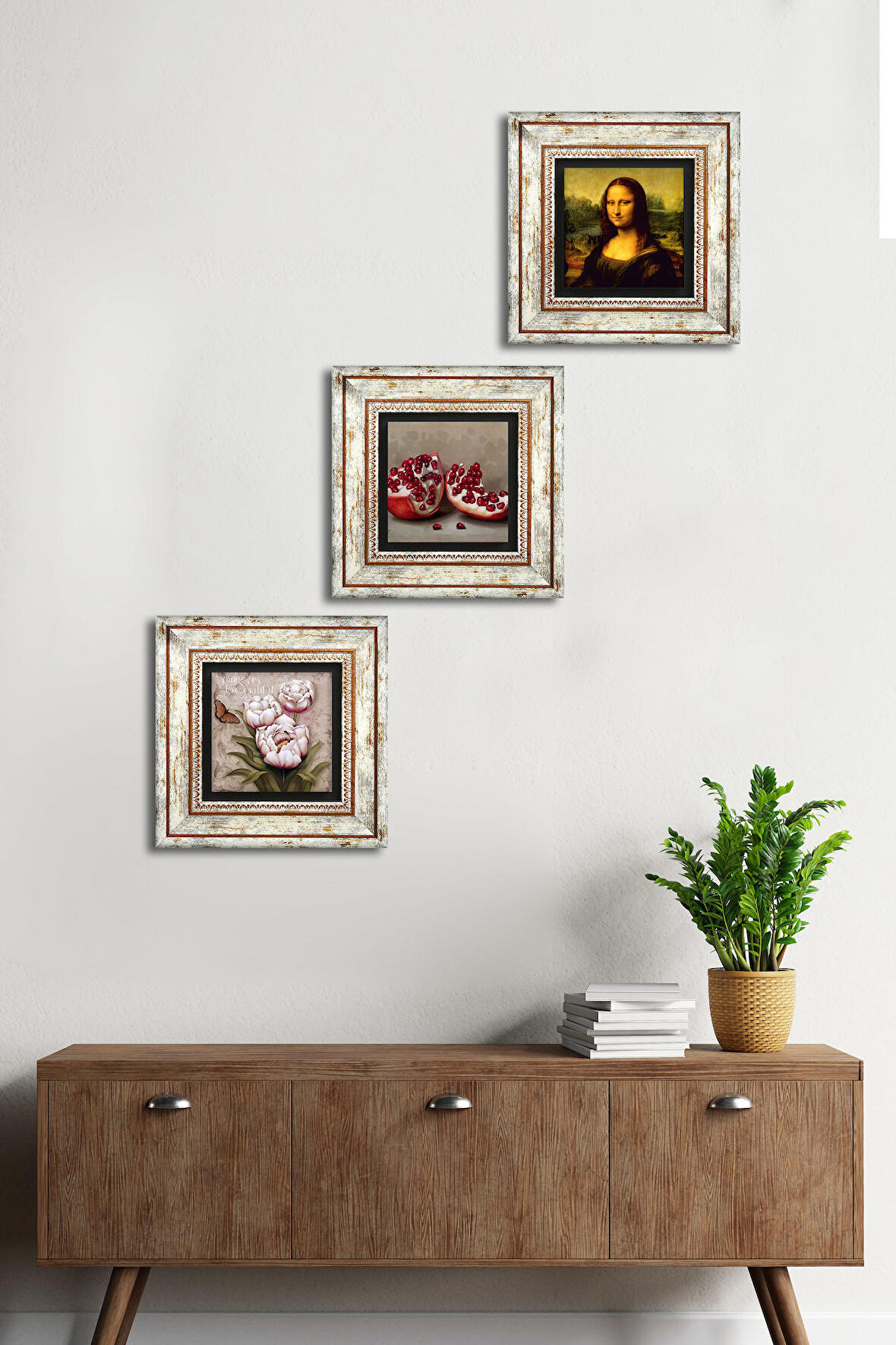 Leonardo da Vinci Mona Lisa, Kelebekli Çiçek, Nar Taş Duvar Tablosu Çerçeveli Duvar Dekoru 3 Parça Tablo Seti Wall Art