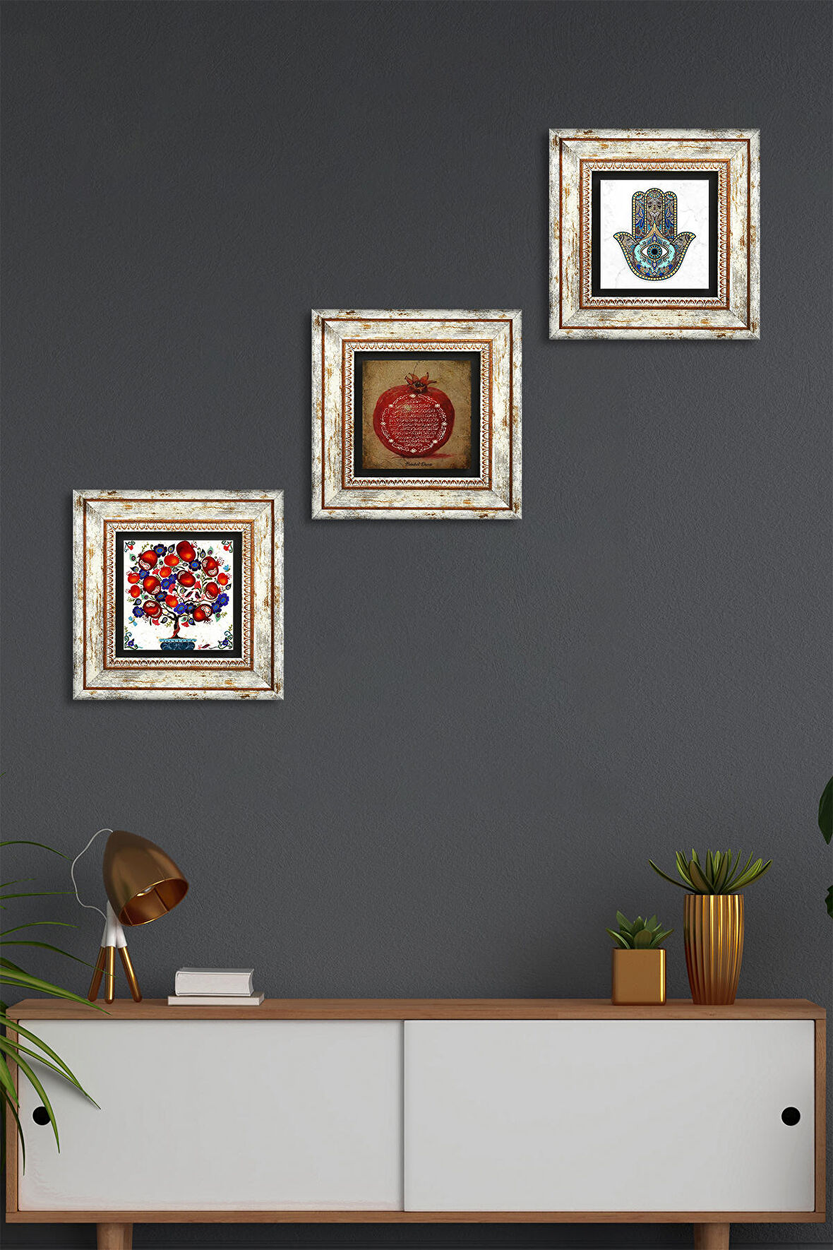 Bereket Duası, Nar Ağacı, Fatma Ana Eli (Hamsa) Taş Duvar Tablosu Çerçeveli Duvar Dekoru 3 Parça Tablo Seti Wall Art