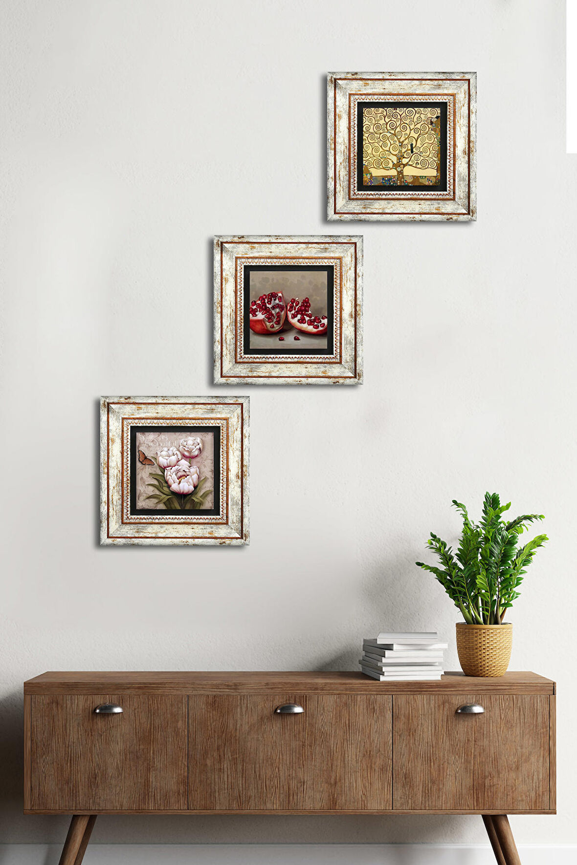 Gustav Klimt Hayat Ağacı, Kelebekli Çiçek, Nar Taş Duvar Tablosu Çerçeveli Duvar Dekoru 3 Parça Tablo Seti Wall Art