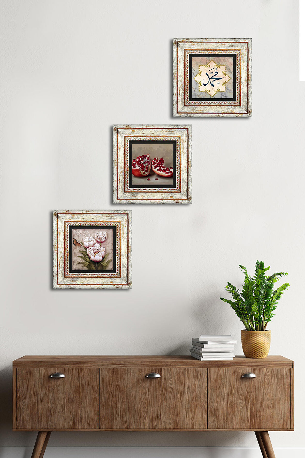 Hz. Muhammed Lafzı, Kelebekli Çiçek, Nar Taş Duvar Tablosu Çerçeveli Duvar Dekoru 3 Parça Tablo Seti Wall Art