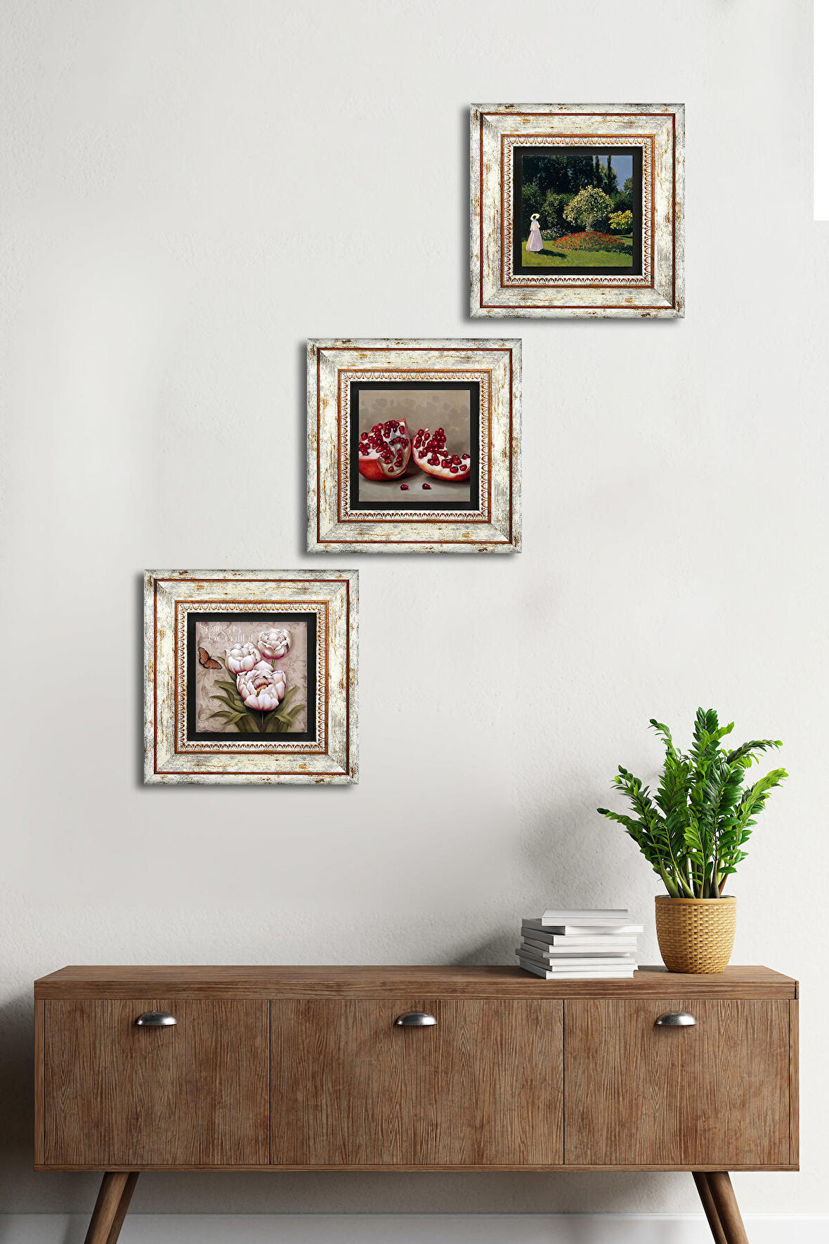 Claude Monet Bahçedeki Kadın, Kelebekli Çiçek, Nar Taş Duvar Tablosu Çerçeveli Duvar Dekoru 3 Parça Tablo Seti Wall Art