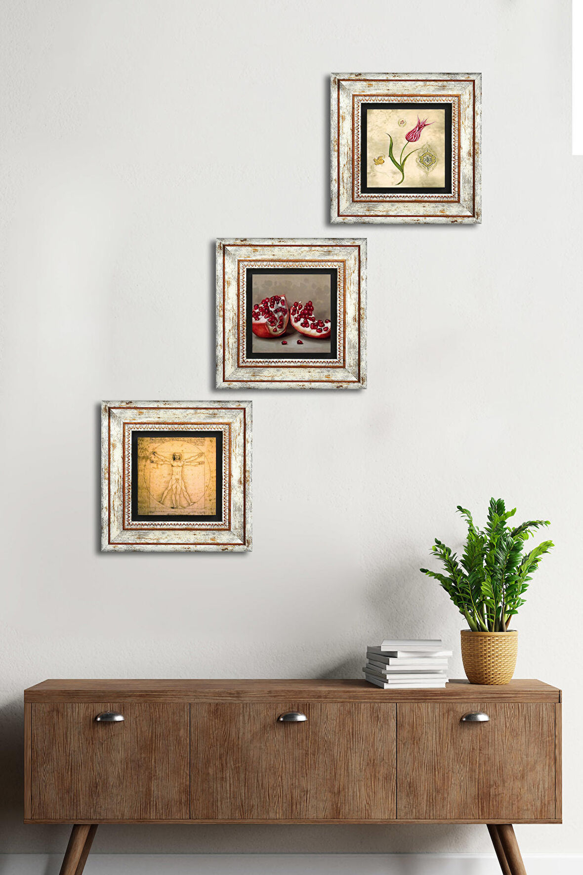 Lale Ebru Sanatı, Leonardo da Vinci Vitruvius Adamı, Nar Taş Duvar Tablosu Çerçeveli Duvar Dekoru 3 Parça Tablo Seti Wall Art