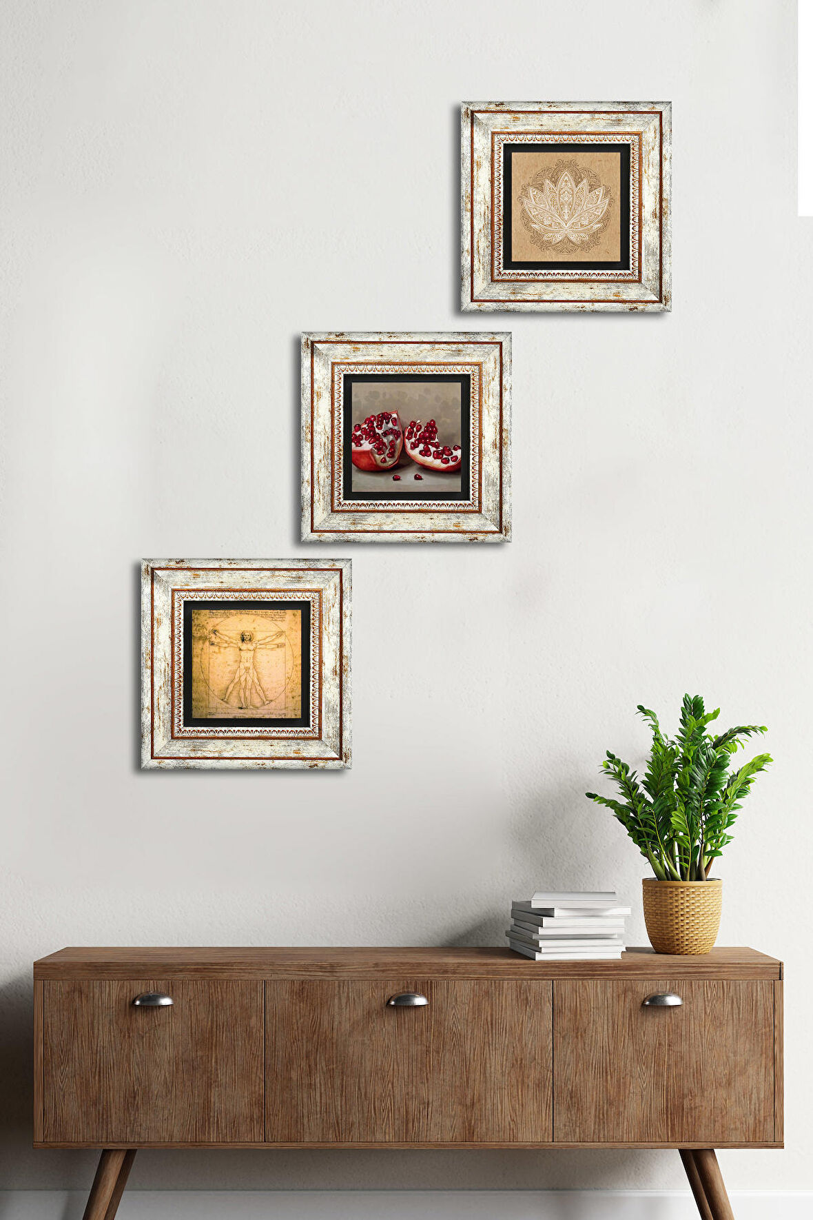 Lotus Çiçeği, Leonardo da Vinci Vitruvius Adamı, Nar Taş Duvar Tablosu Çerçeveli Duvar Dekoru 3 Parça Tablo Seti Wall Art
