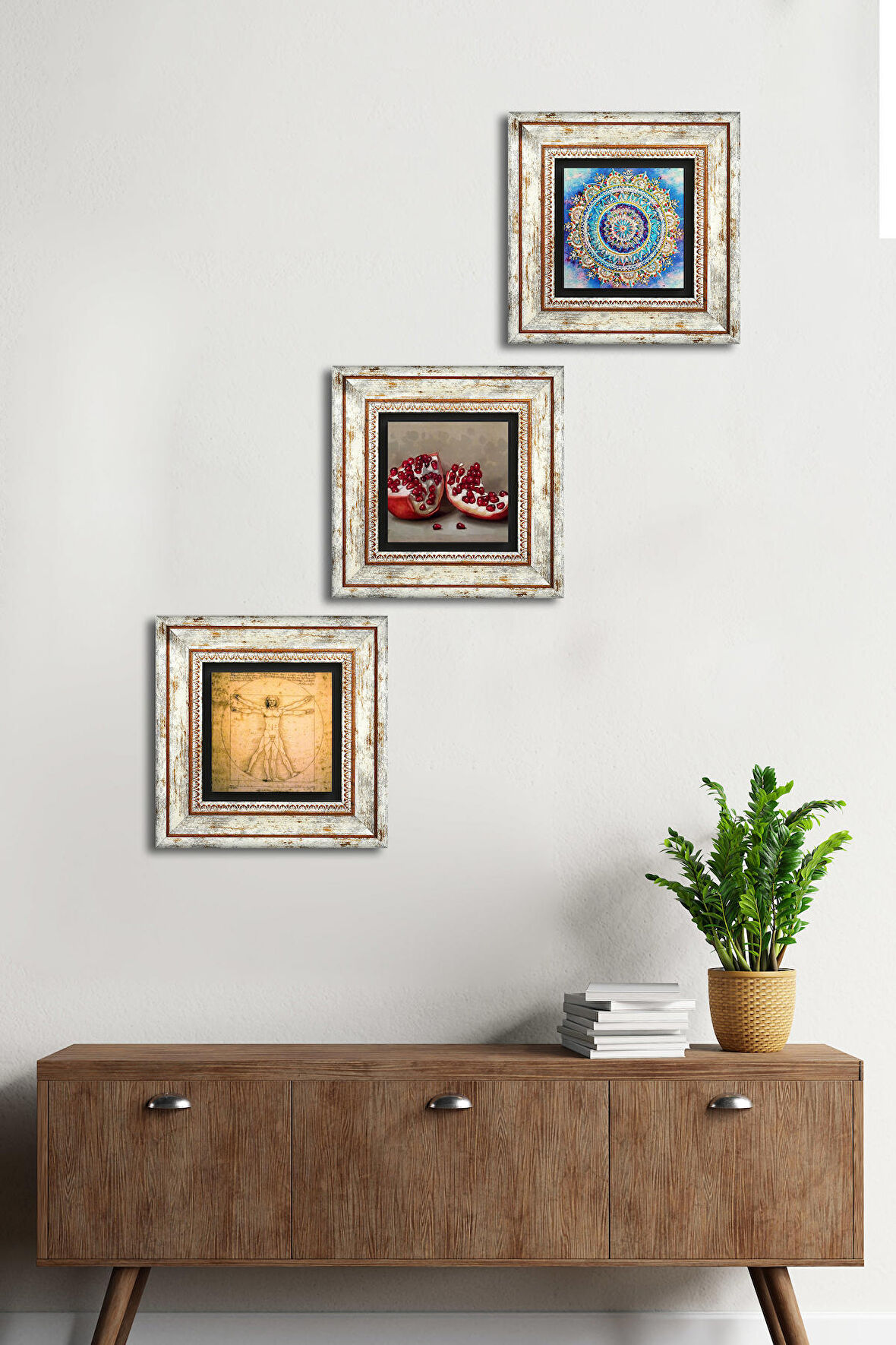 Mandala, Leonardo da Vinci Vitruvius Adamı, Nar Taş Duvar Tablosu Çerçeveli Duvar Dekoru 3 Parça Tablo Seti Wall Art