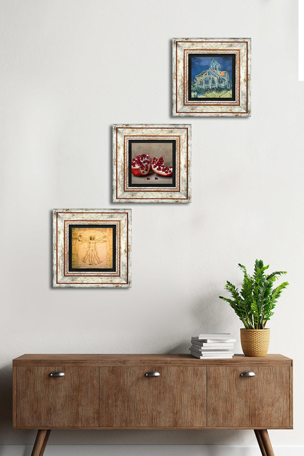Van Gogh Kilise, Leonardo da Vinci Vitruvius Adamı, Nar Taş Duvar Tablosu Çerçeveli Duvar Dekoru 3 Parça Tablo Seti Wall Art