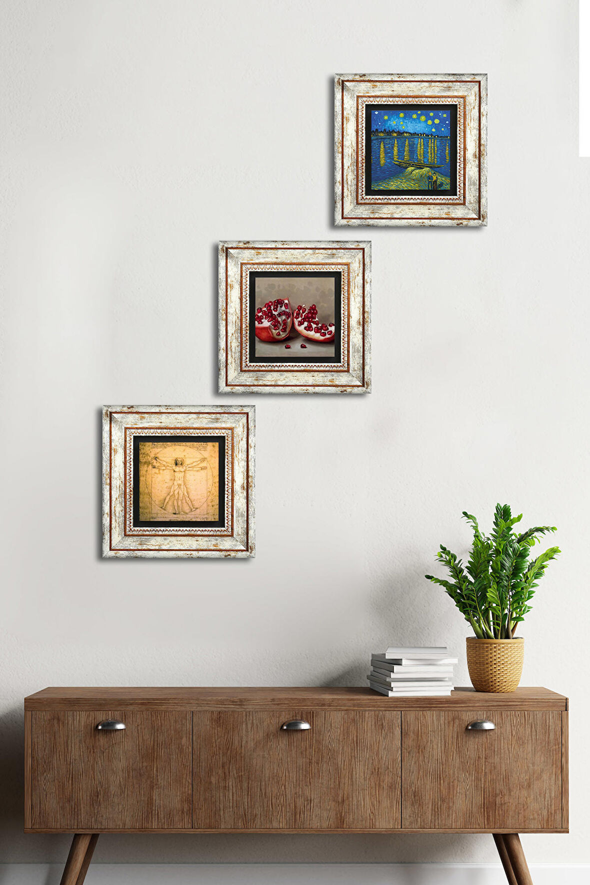 Van Gogh, Leonardo da Vinci, Nar Taş Duvar Tablosu Çerçeveli Duvar Dekoru 3 Parça Tablo Seti Wall Art