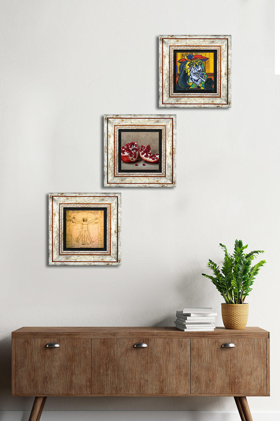 Picasso Ağlayan Kadın, Da Vinci Vitruvius Adamı, Nar Taş Duvar Tablosu Çerçeveli Duvar Dekoru 3 Parça Tablo Seti Wall Art
