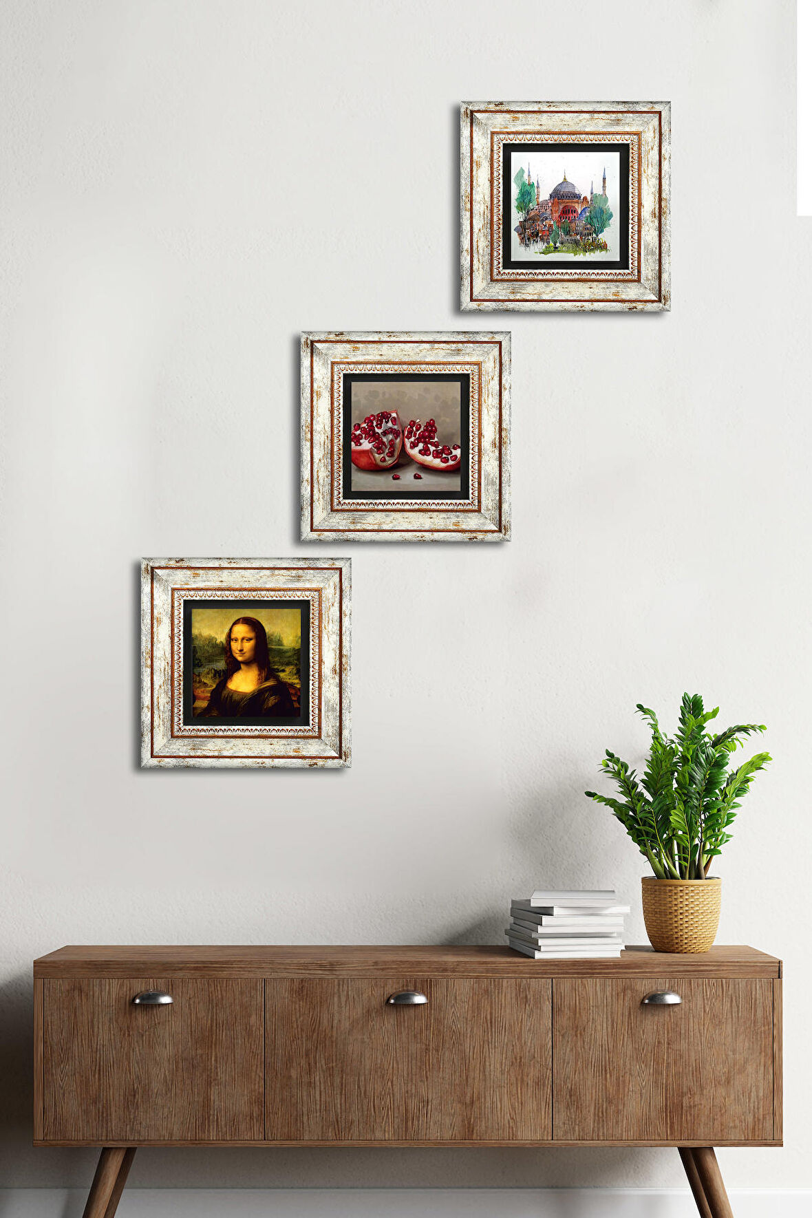 İstanbul Ayasofya, Leonardo da Vinci Mona Lisa, Nar Taş Duvar Tablosu Çerçeveli Duvar Dekoru 3 Parça Tablo Seti Wall Art