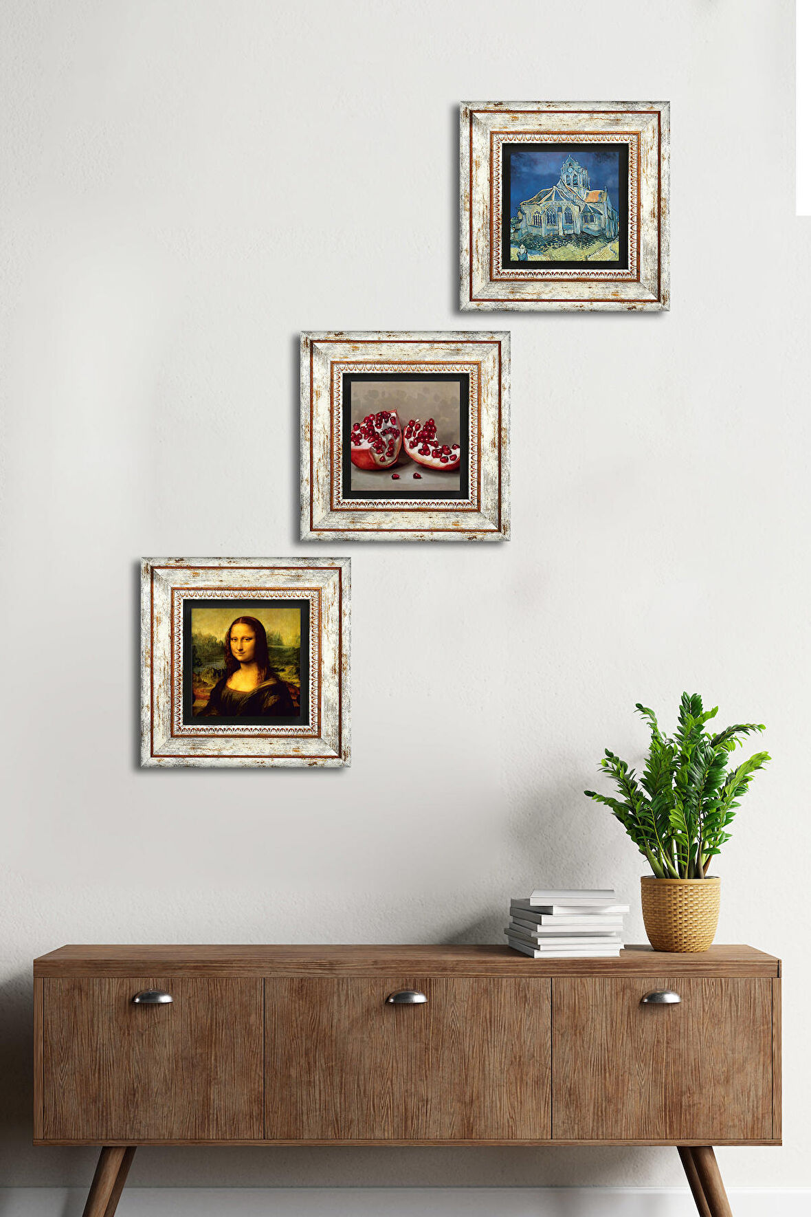 Van Gogh Kilise, Leonardo da Vinci Mona Lisa, Nar Taş Duvar Tablosu Çerçeveli Duvar Dekoru 3 Parça Tablo Seti Wall Art