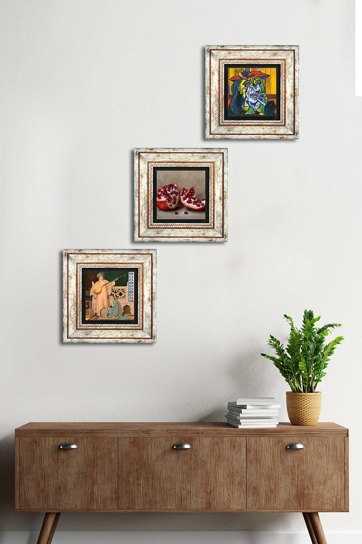 Picasso Ağlayan Kadın, İki Müzisyen Kız Tablosu, Nar Taş Duvar Tablosu Çerçeveli Duvar Dekoru 3 Parça Tablo Seti Wall Art